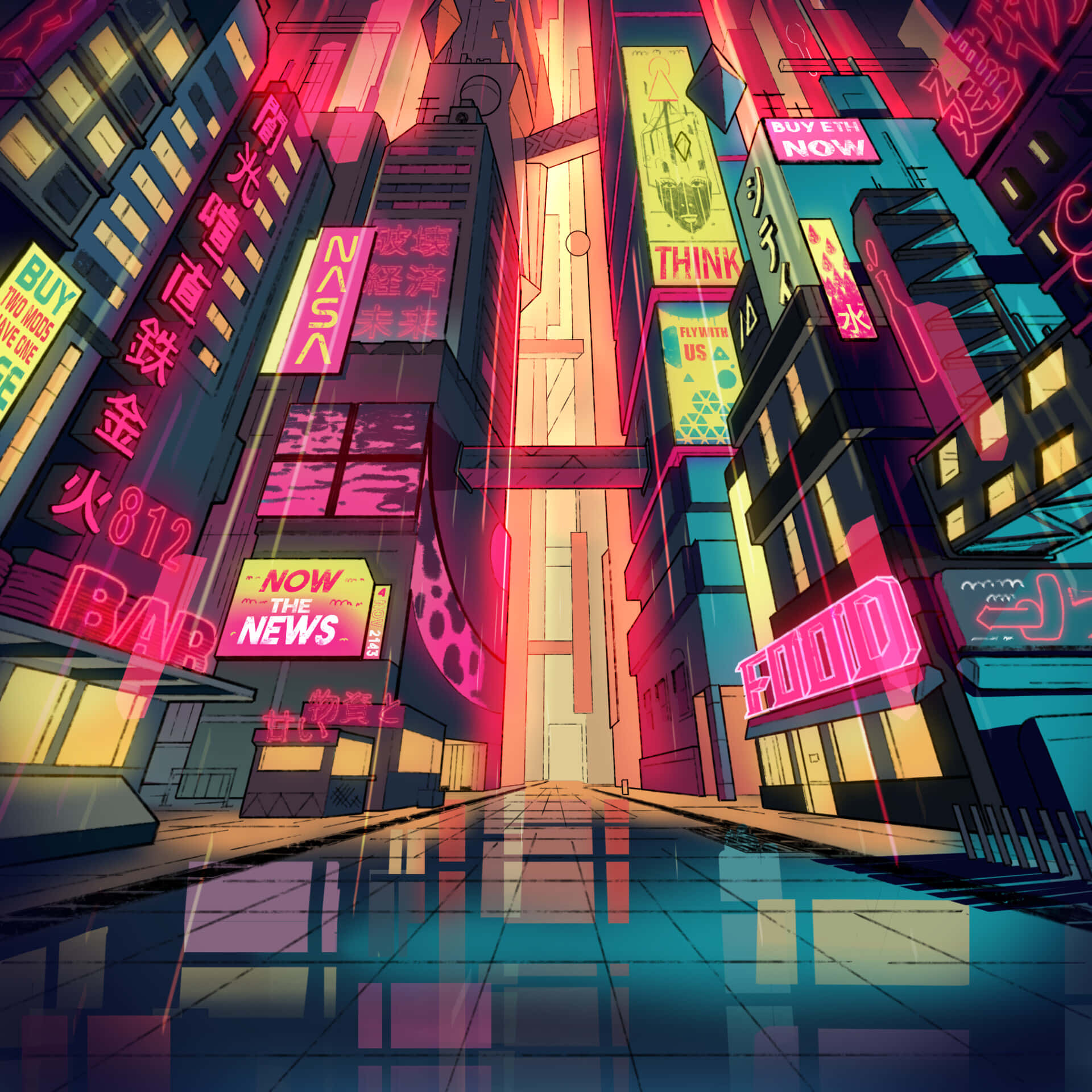 未來城市 桌布 壁紙 — 一條充滿霓虹燈的 cyberpunk 小巷，高聳的建築物在濕漉漉的路面上反射出鮮豔的粉紅色、黃色和藍色燈光。