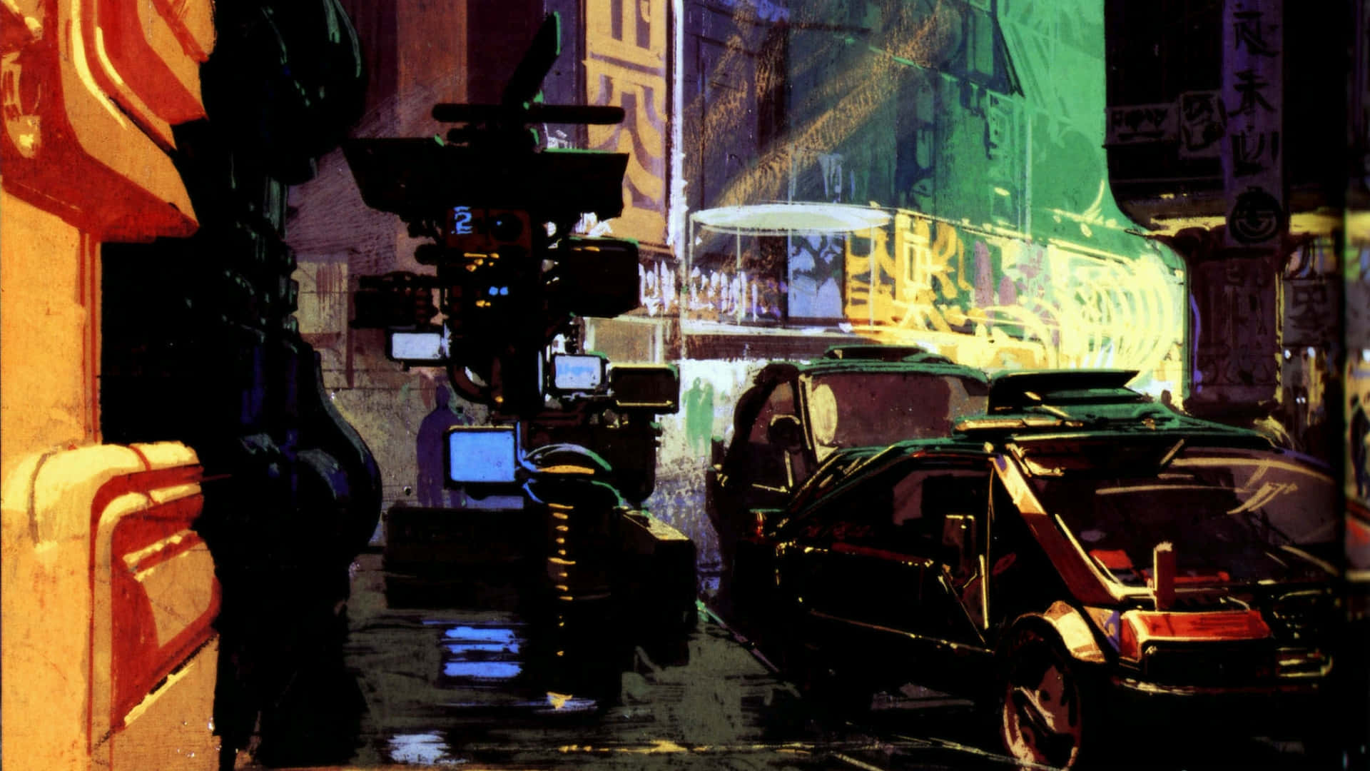 銀翼殺手 桌布 壁紙 — 一條充滿霓虹燈的 cyberpunk 小巷，夜晚時分，雨水濕滑的街道反射著發光的招牌和停泊的汽車。