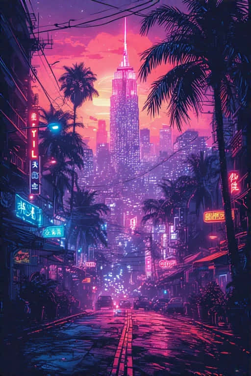 Cityscape Wallpaper Neon Lights, Palm Trees & 80s Vibe 壁紙 — 一條充滿霓虹燈的 cyberpunk 街道，兩旁棕櫚樹環繞，通向在粉紅和紫色日落下的高聳摩天大樓。
