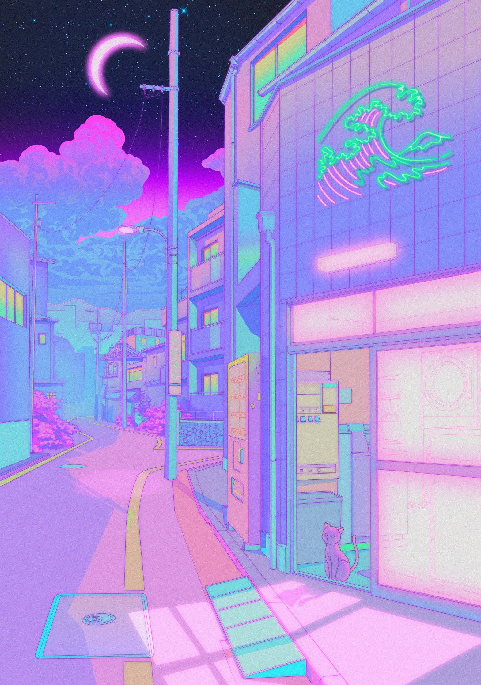 Japanese Aesthetic 桌布 壁紙 — 一條充滿霓虹燈的動漫街道，夜晚有新月、粉紅色的雲朵和一隻貓坐在發光的商店門旁。
