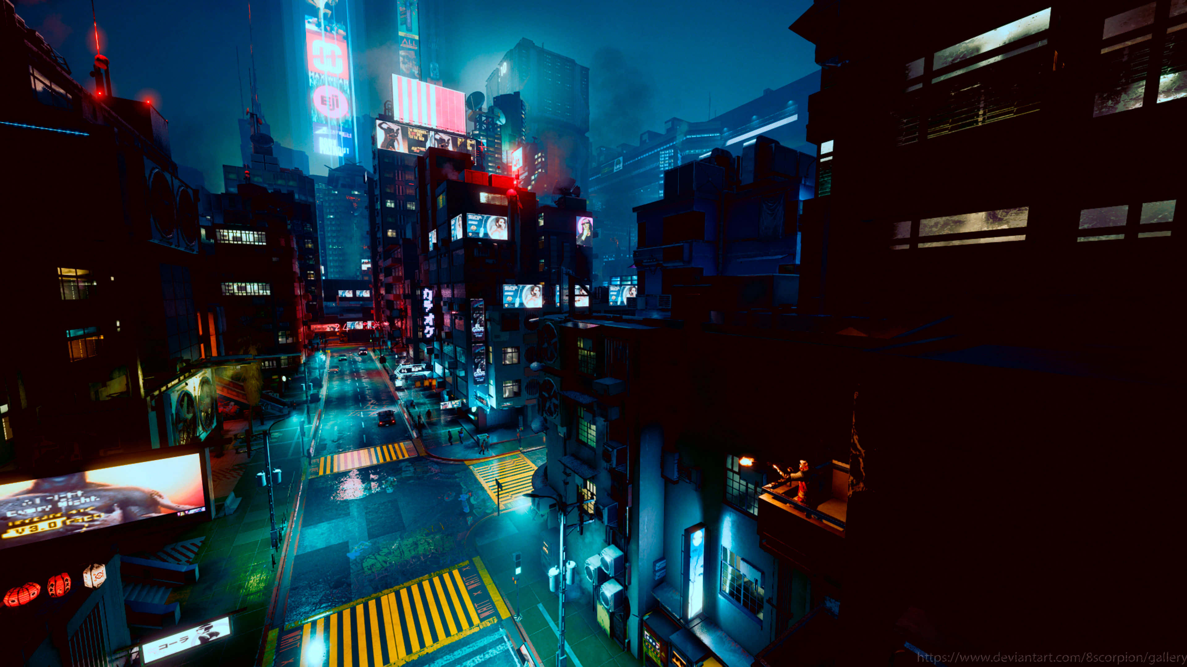 Cyberpunk Night City 桌布 壁紙 — 一條充滿霓虹燈的賽博龐克城市街道，夜晚有發光的廣告牌、雨水濕滑的瀝青路面和高聳的摩天大樓投下長長的陰影。
