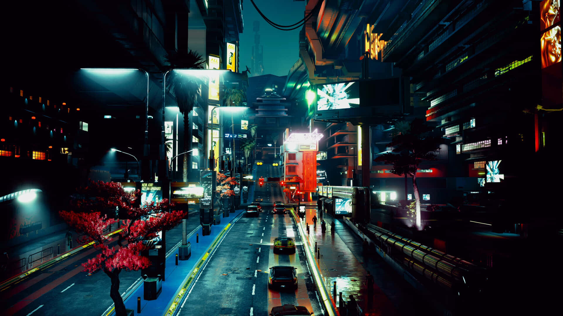 Dark Cyberpunk 桌布 壁紙 — 一條充滿霓虹燈的賽博龐克城市街道，夜晚有發光的招牌、濕漉漉的路面和投下紅色陰影的櫻花樹。