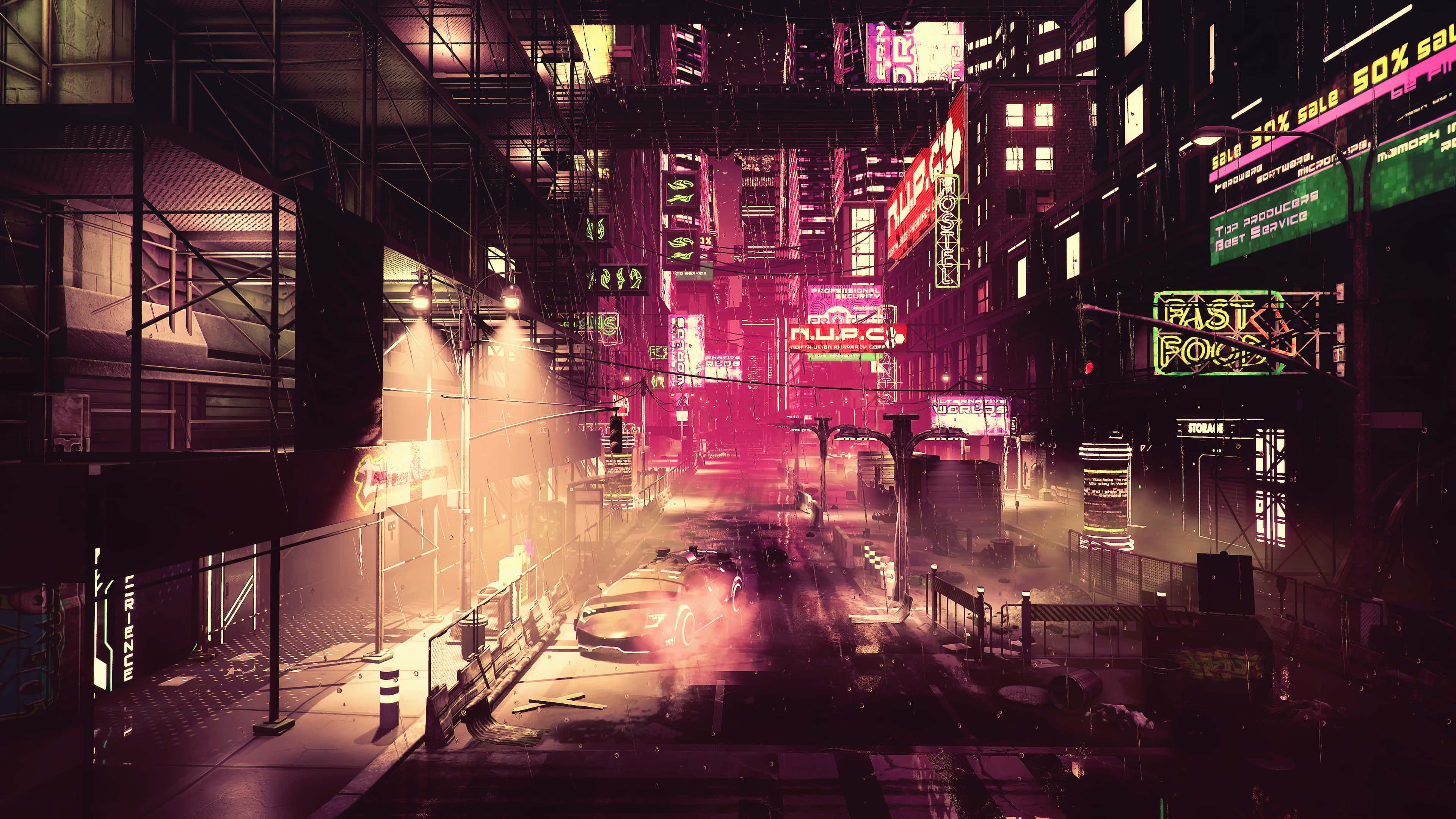 Dark Dystopian 桌布 壁紙 — 一條充滿霓虹燈的賽博龐克城市街道，夜晚中發光的招牌映照在潮濕的路面上，一輛孤獨的汽車留下光跡。