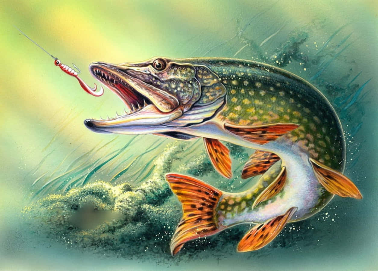 Walleye 桌布 壁紙 — 一條兇猛的梭子魚從渾水中撲出，用鋒利的牙齒奪取一個紅色魚餌。