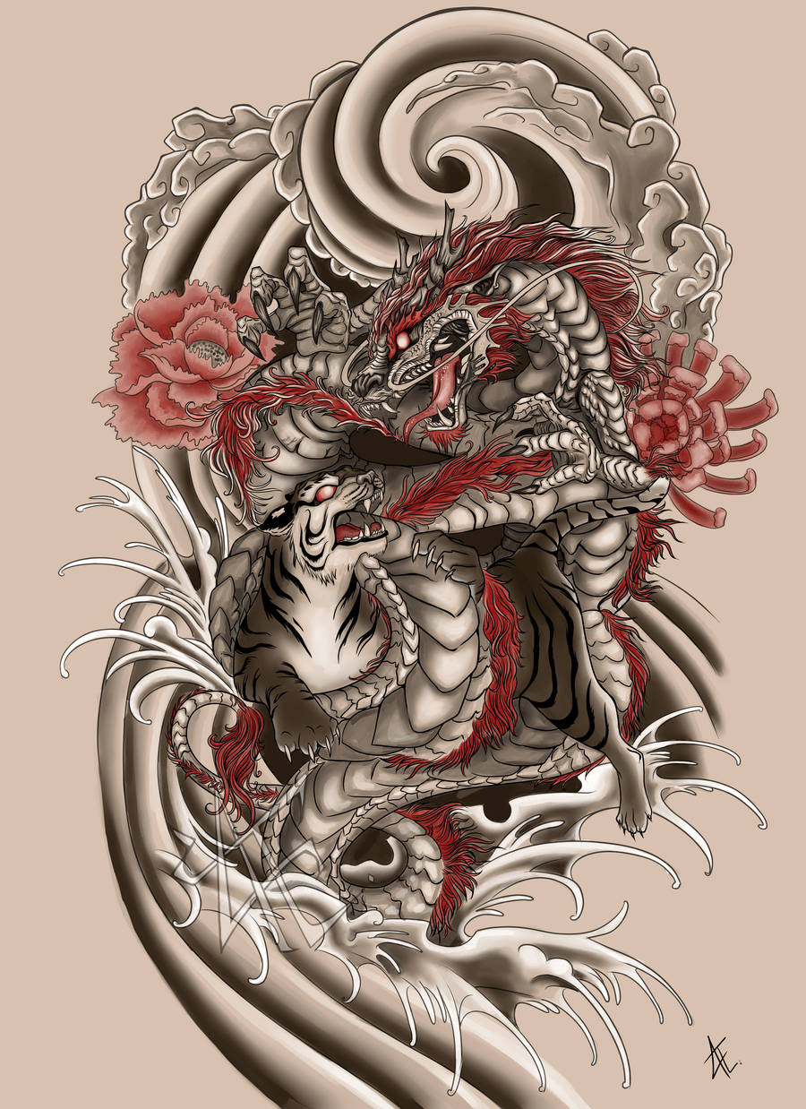 日式龍 桌布 壁紙 — 一條兇猛的紅灰色龍在漩渦般的波浪和盛開的紅花中與老虎搏鬥，這是一幅動態的紋身風格插圖。