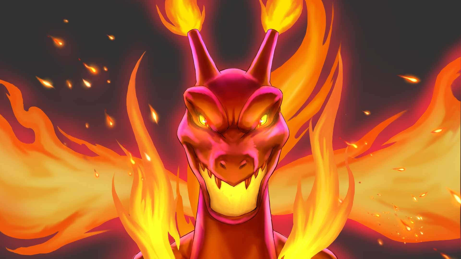 Pokemon Charizard 桌布 壁紙 — 一條兇猛的紅色巨龍，有著發光的黃色眼睛和火焰般的角，在黑暗背景中旋轉的火焰中咆哮。