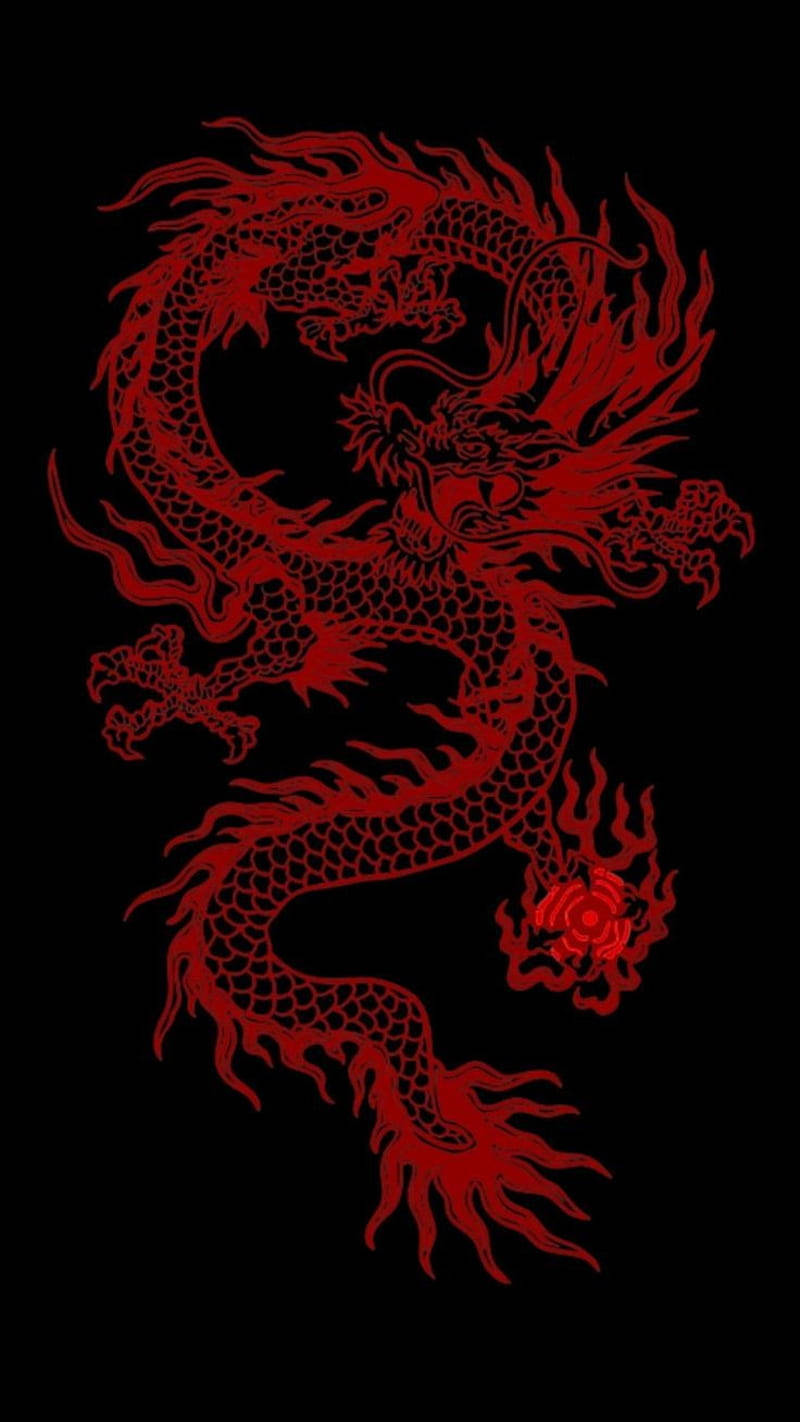 龍 桌布 壁紙 — 一條兇猛的紅龍，帶有複雜的鱗片和飄逸的鬃毛，在純黑色背景上動態盤繞。