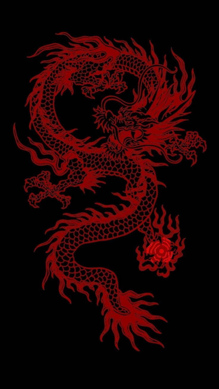 龍 桌布 壁紙 — 一條兇猛的紅龍，帶有複雜的鱗片和飄逸的鬃毛，在純黑色背景上動態盤繞。