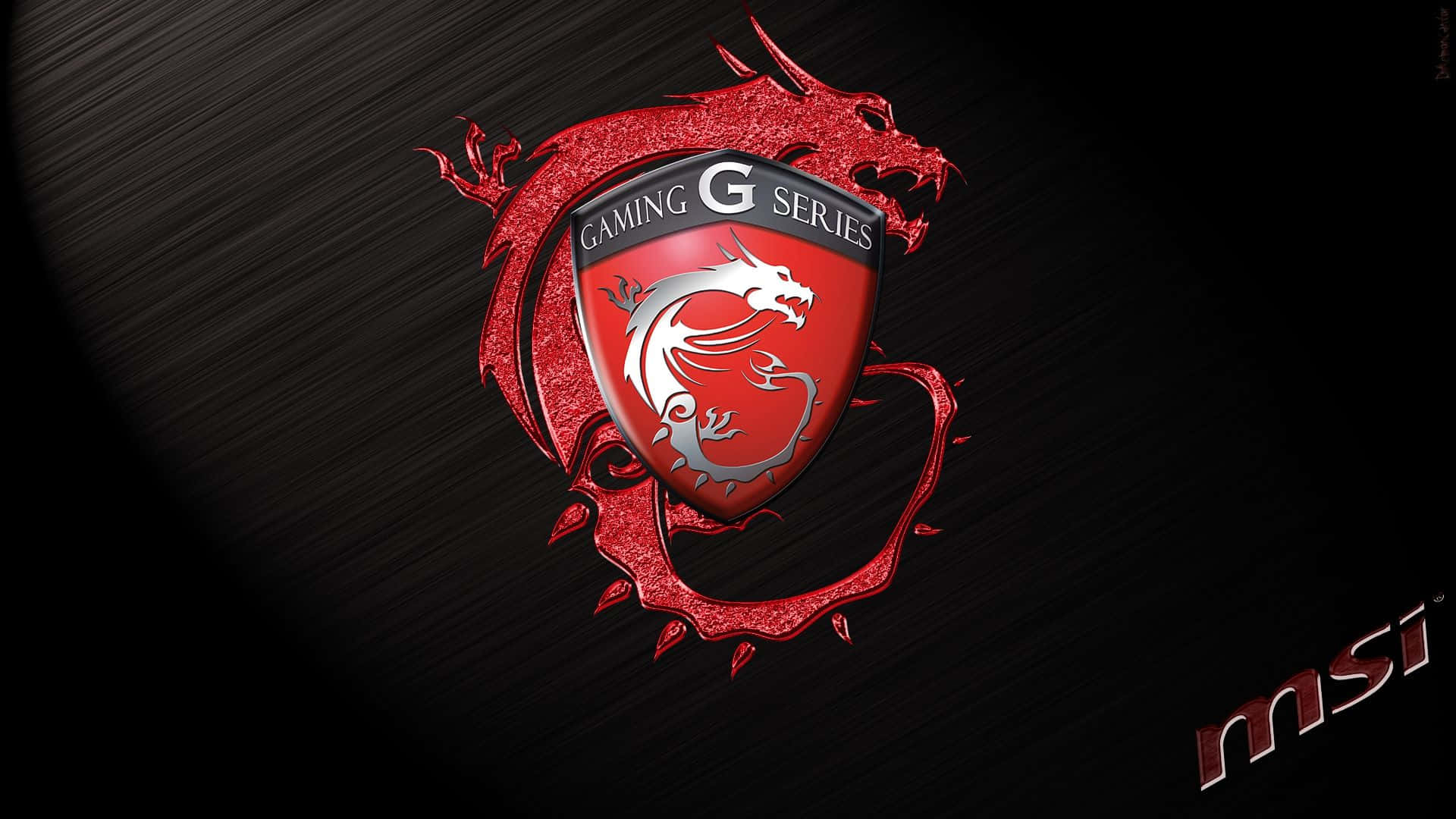 微星 桌布 壁紙 — 一條兇猛的紅龍纏繞著一個帶有「Gaming G Series」文字的盾牌，背景為深色拉絲金屬。