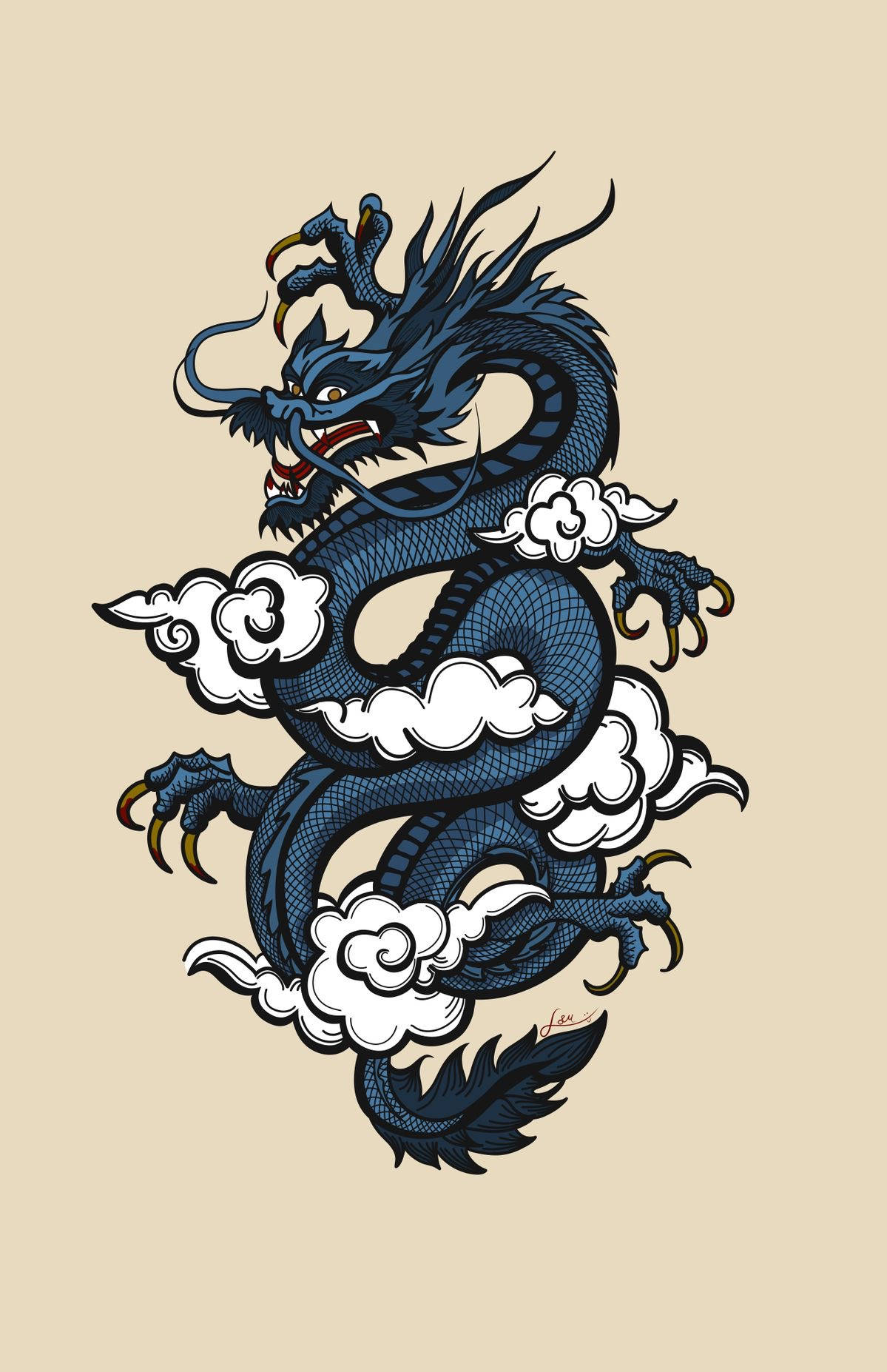 Japanese Dragon Tattoo 桌布 壁紙 — 一條兇猛的藍龍在米色背景上盤繞穿過風格化的白雲。