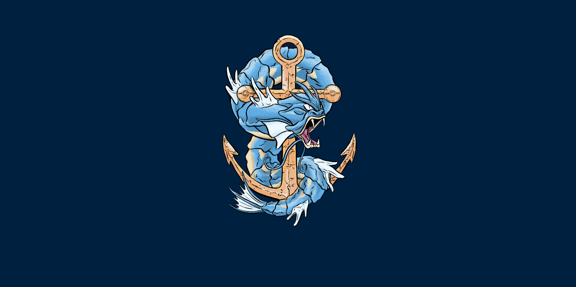 Gyarados 桌布 壁紙 — 一條兇猛的藍龍纏繞著一個生鏽的錨，背景是深海軍藍色。