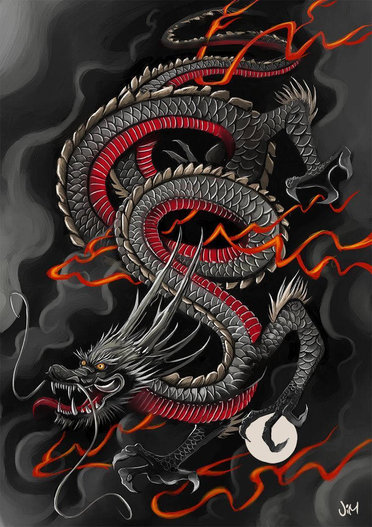 日式龍 桌布 壁紙 — 一條兇猛的金屬龍在黑暗煙霧背景中盤繞穿過熾熱的橙色火焰。