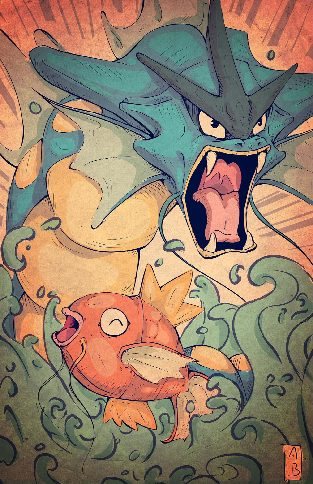 Gyarados 桌布 壁紙 — 一條兇猛的青綠色龍在旋轉的綠色水和溫暖的橙色背景中，對著一條驚訝的橙色魚咆哮。