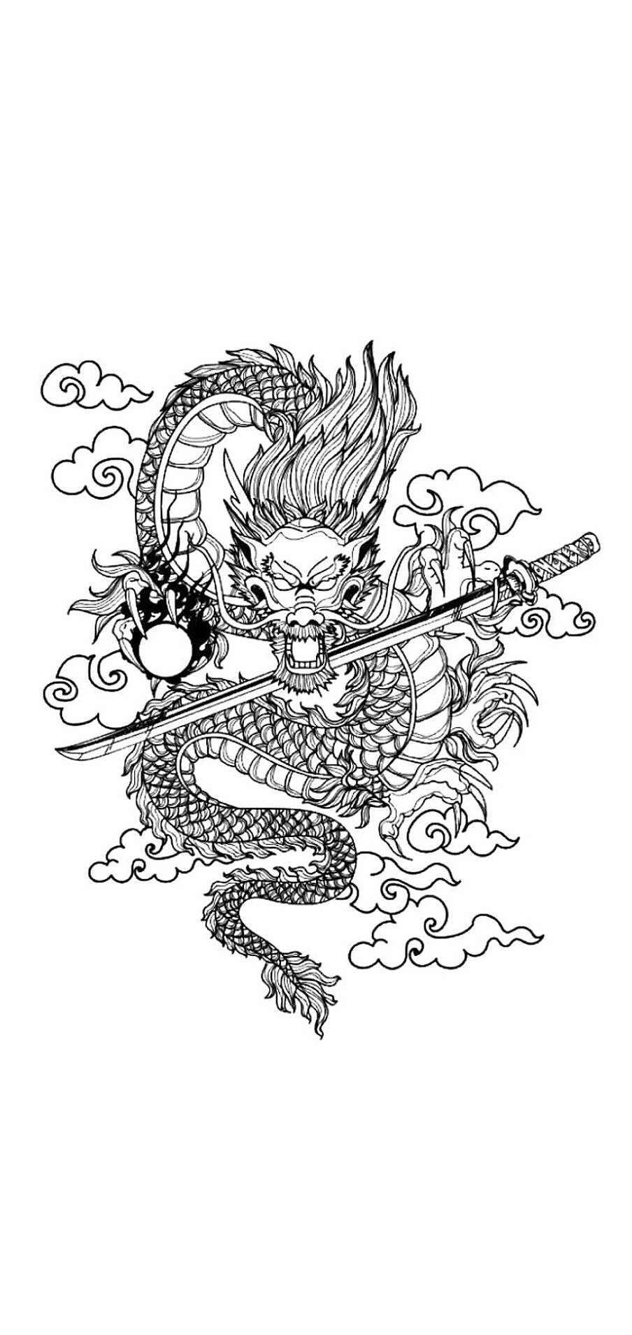 Japanese Dragon Tattoo 桌布 壁紙 — 一條兇猛的黑白插圖龍纏繞著一把劍，在旋轉的雲層中，帶有詳細的鱗片和鋒利的爪子。