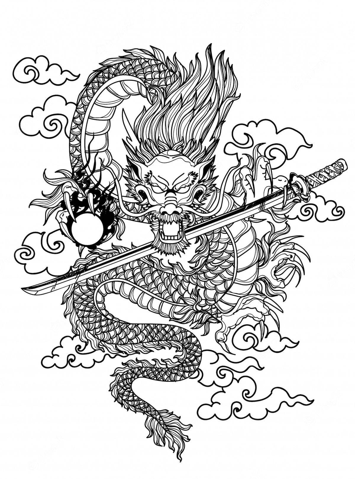 Japanese Dragon Tattoo 桌布 壁紙 — 一條兇猛的黑白線條藝術龍纏繞著劍，周圍是旋轉的雲朵，表情強烈。