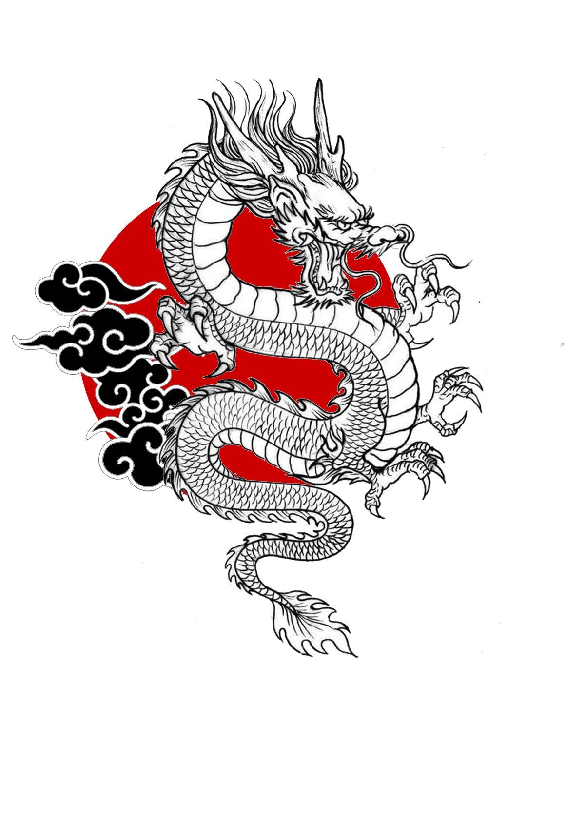 Japanese Dragon Tattoo 桌布 壁紙 — 一條兇猛的黑白龍纏繞著一個大膽的紅色圓圈，下方有旋轉的黑雲。