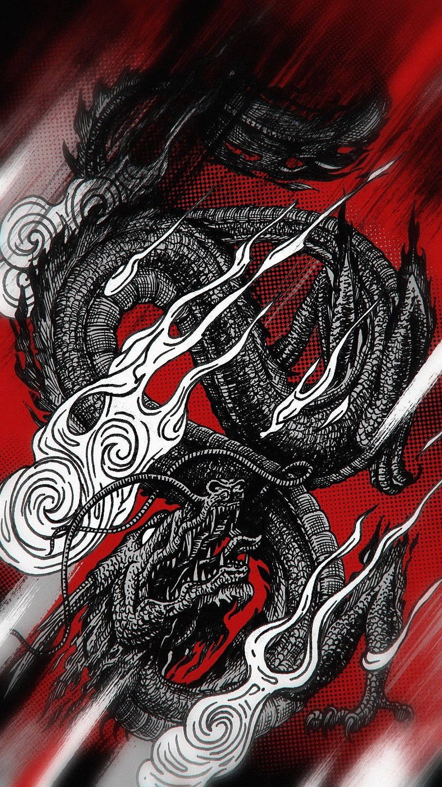 Japanese Dragon Tattoo 桌布 壁紙 — 一條兇猛的黑龍在旋轉的白雲和紅色火焰中盤繞，背景是動態的紅色。