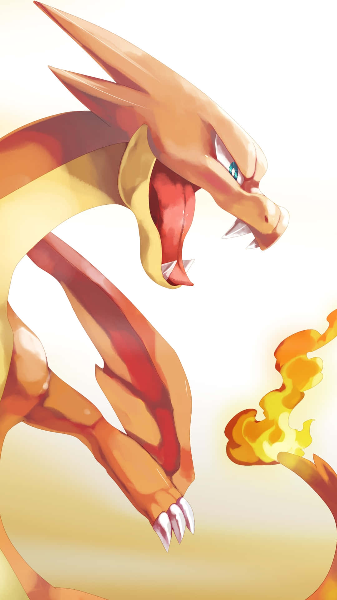 Pokemon Charizard 桌布 壁紙 — 一條兇猛的龍，帶有橙色和黃色的鱗片，在明亮的漸變背景上噴火。