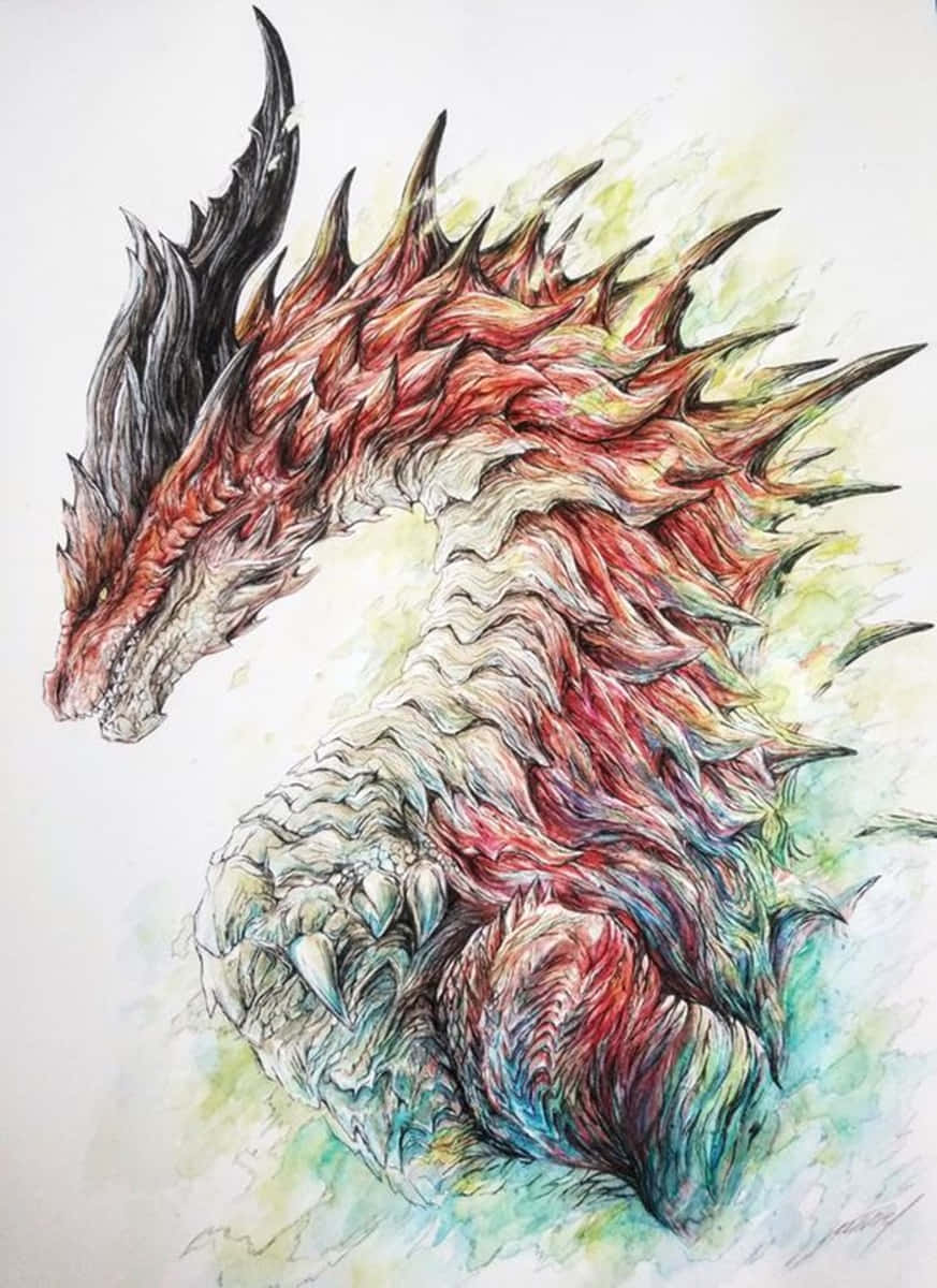 iPhone Xs Monster Hunter World 桌布 壁紙 — 一條兇猛的龍，帶有火紅和黑色的尖刺，將巨大的身體蜷縮在柔和的水彩背景上。