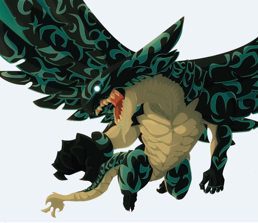Acnologia 桌布 壁紙 — 一條兇猛的龍，擁有黑色和青綠色的火焰圖案翅膀，在純色背景上發出咆哮，眼睛發光。