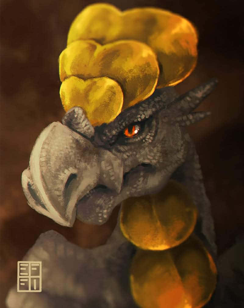 Pokemon Aesthetic 桌布 壁紙 — 一條兇猛的龍，有著發光的橙色眼睛和金色硬幣般的鱗片，在深棕色背景上凝視著。