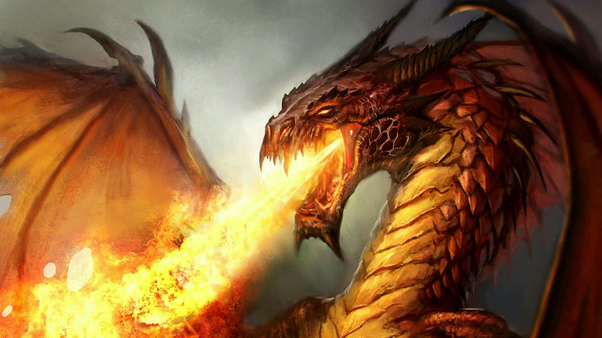 恐怖動圖 桌布 壁紙 — 一條兇猛的龍，眼睛發光，吐著火焰，在煙霧繚繞的背景中佔據了畫面。