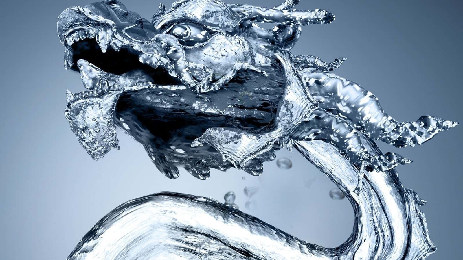 水 桌布 壁紙 — 一條兇猛的龍完全由飛濺的水雕刻而成，帶有鋒利的水滴和反射表面，背景為冷灰色。
