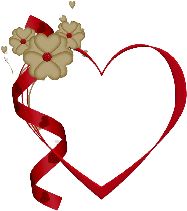 Heart Frame 桌布 壁紙 — 一條光滑的紅色絲帶形成心形，飾有米色花朵和小小心，背景為黑色。