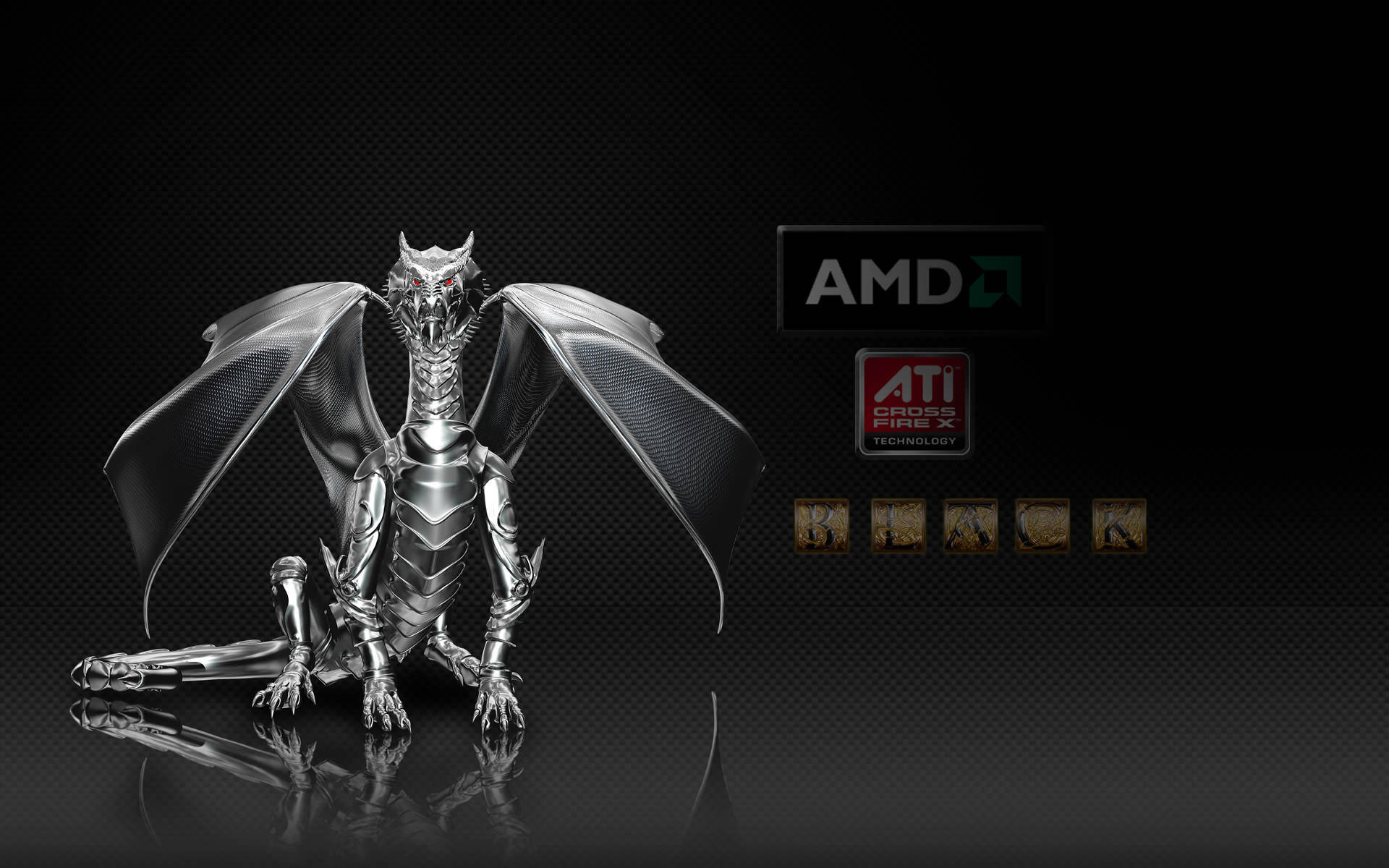 AMD 桌布 壁紙 — 一條光滑的金屬龍，帶有發光的紅色眼睛，坐在反射表面上，背景是帶有AMD和ATI標誌的深色紋理背景。