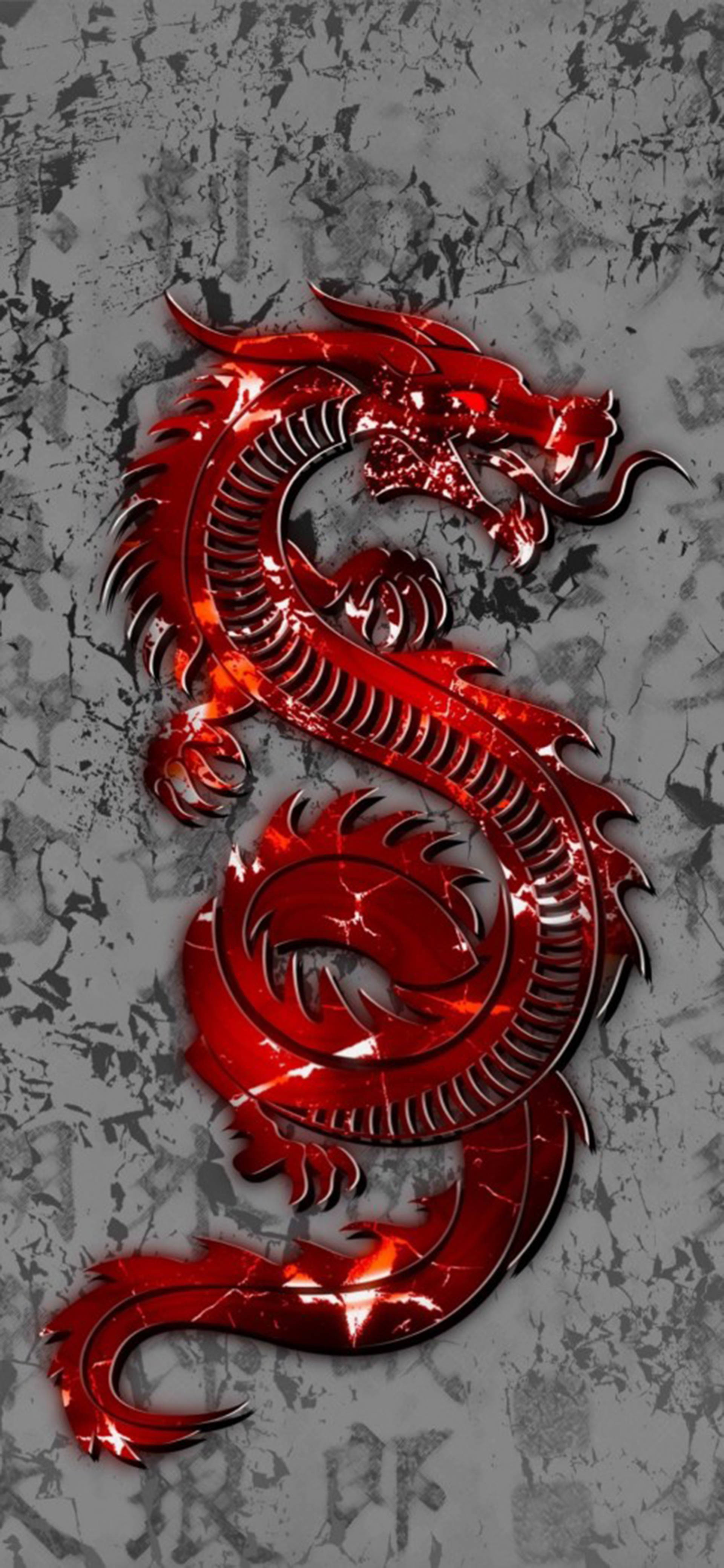 Eastern 桌布 壁紙 — 一條光澤的紅色龍在帶有微妙漢字的裂紋灰色混凝土牆上動態盤繞。