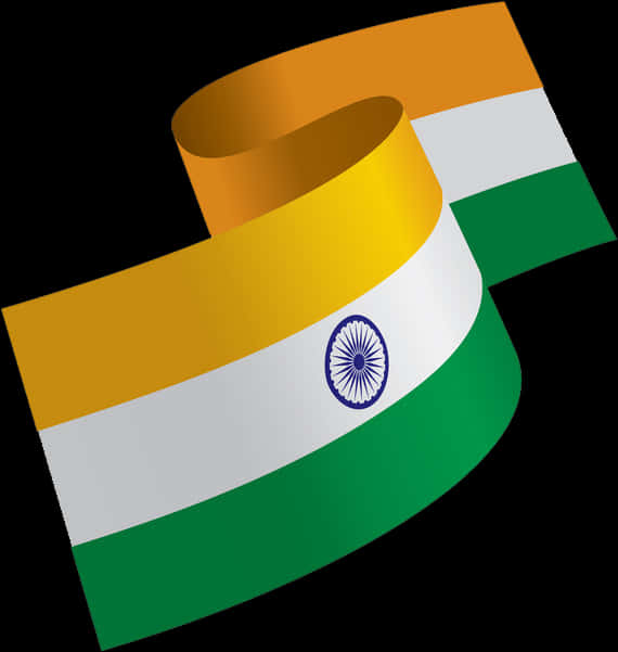 India Flag 桌布 壁紙 — 一條光澤緞帶風格的印度國旗，帶有藏紅花、白色和綠色條紋，以及阿育王法輪在黑色背景上動態旋轉。