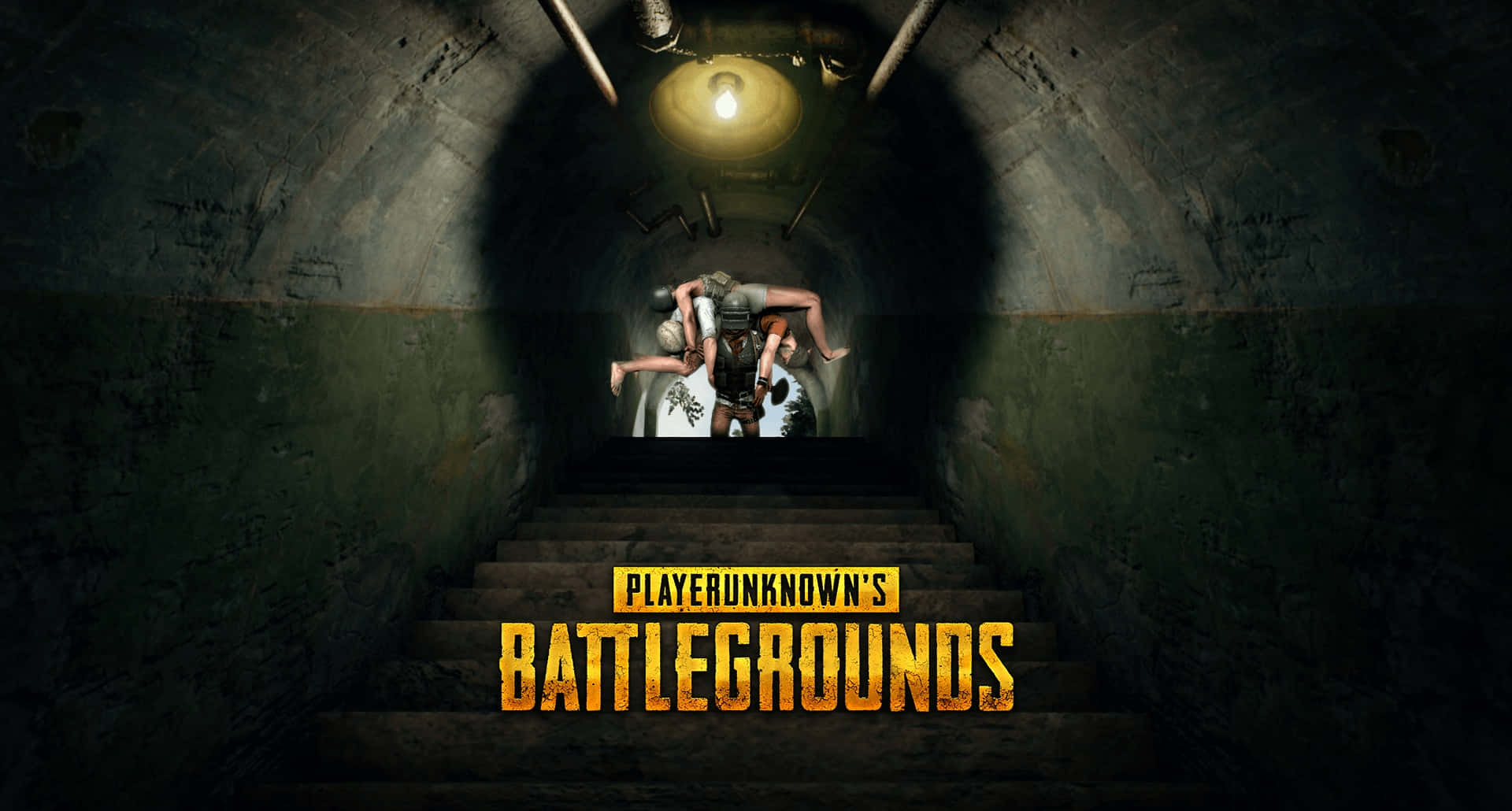 Pubg Logo 桌布 壁紙 — 一條光線昏暗的地下隧道，樓梯通往發光的光源，一群穿著戰鬥裝備的玩家正處於其中。