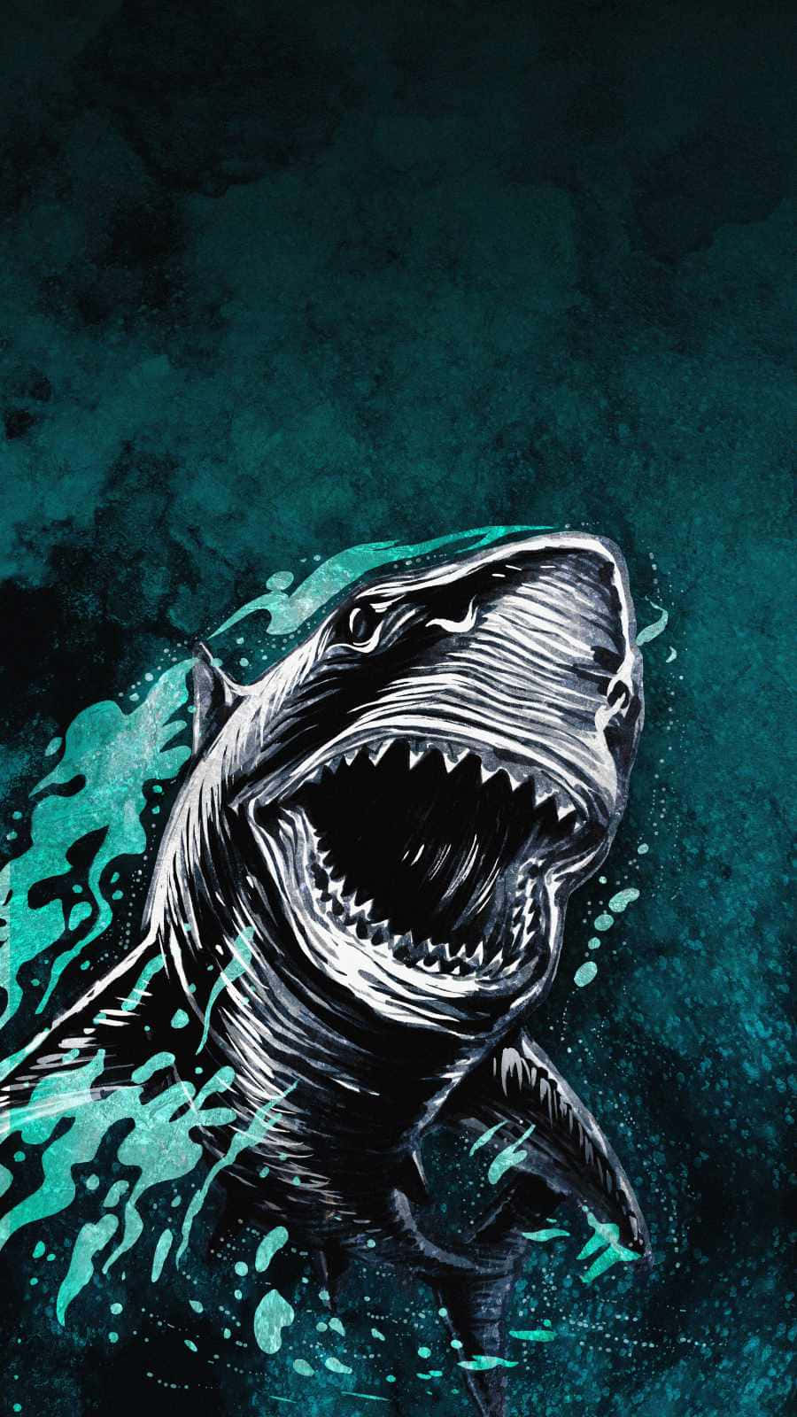 Cool Shark 桌布 壁紙 — 一條具威脅性的鯊魚從藍綠色水中衝出，露出鋒利牙齒，濺起動態水花。