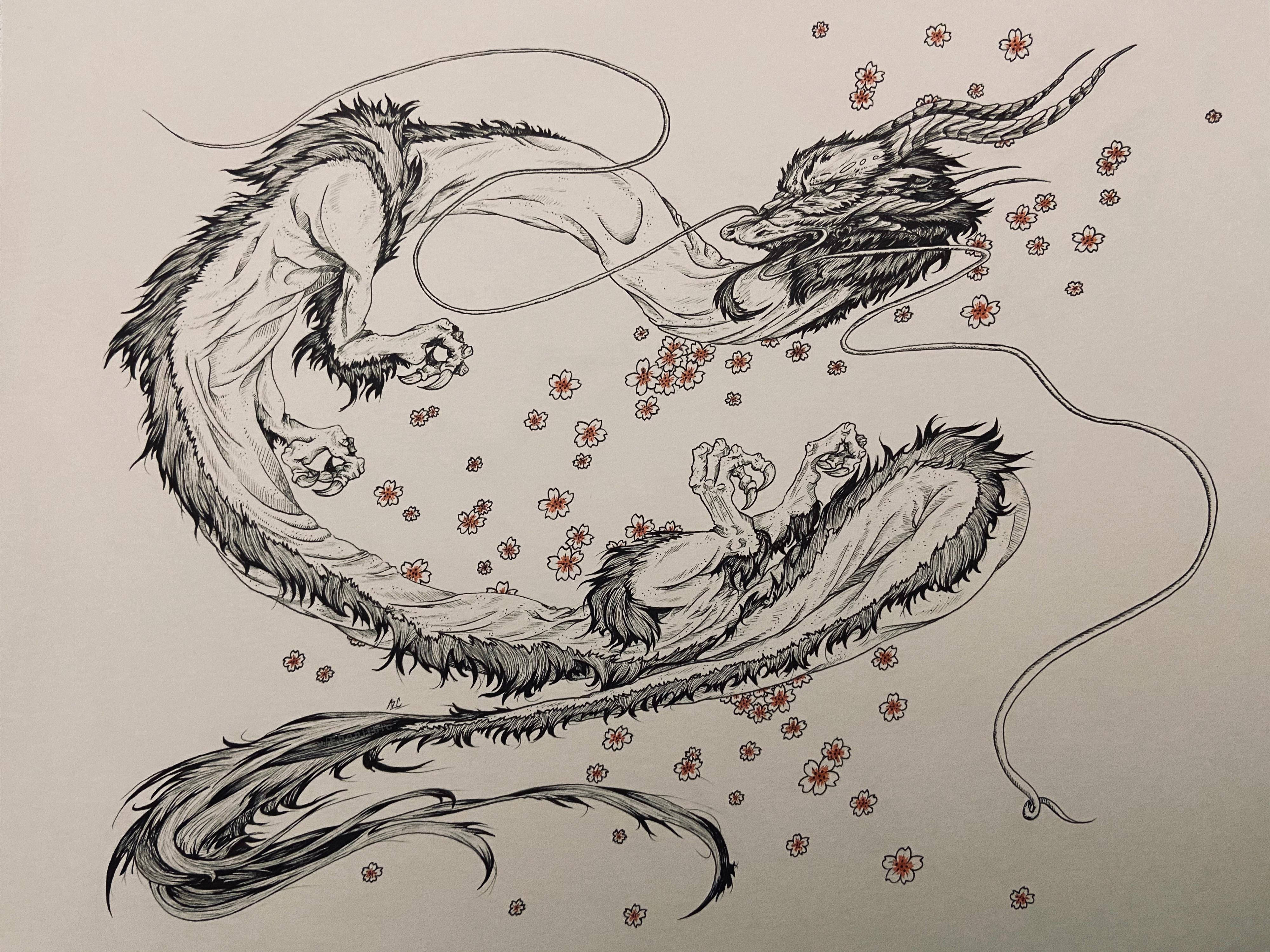 日式龍 桌布 壁紙 — 一條動態的黑白水墨龍在飄落的櫻花中優雅盤旋，帶有精緻的紅色點綴。