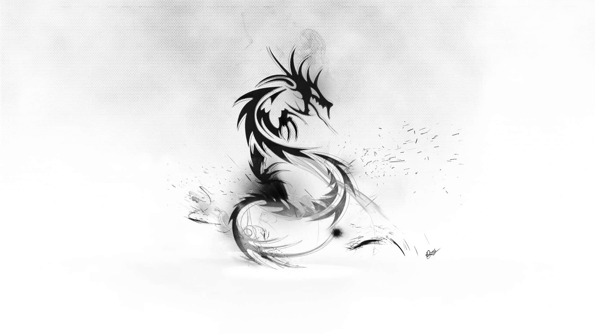 Beautiful Black And White 桌布 壁紙 — 一條動態的黑色水墨龍在帶有紋理的白色背景上旋轉舞動，風格大膽。