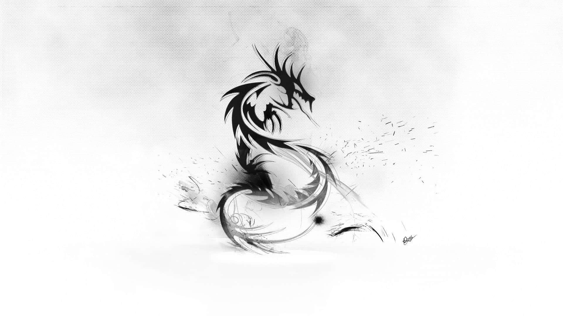 龍 桌布 壁紙 — 一條動態的黑色水墨龍在帶有紋理的白色背景上以極簡藝術風格旋轉舞動。