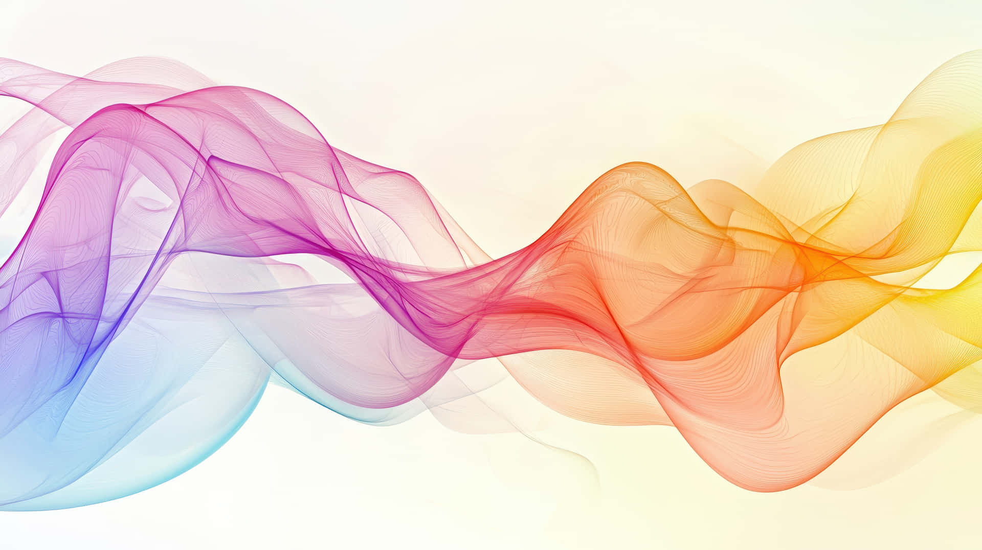 Soft, flowing waves of pink, orange, and blue smoke swirl against a white background 壁紙 — 一條半透明彩虹色的流動絲帶，在柔和的米白色背景上優雅地起伏波動。
