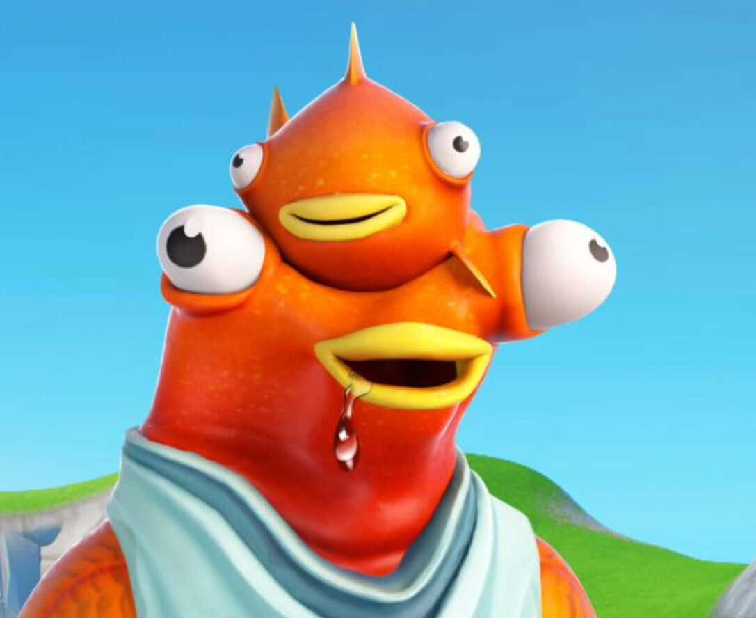 Fortnite 桌布 壁紙 — 一條卡通橙色魚，有三個凸出的眼睛和流口水的嘴巴，在明亮的藍天下戴著一條淺藍色圍巾。