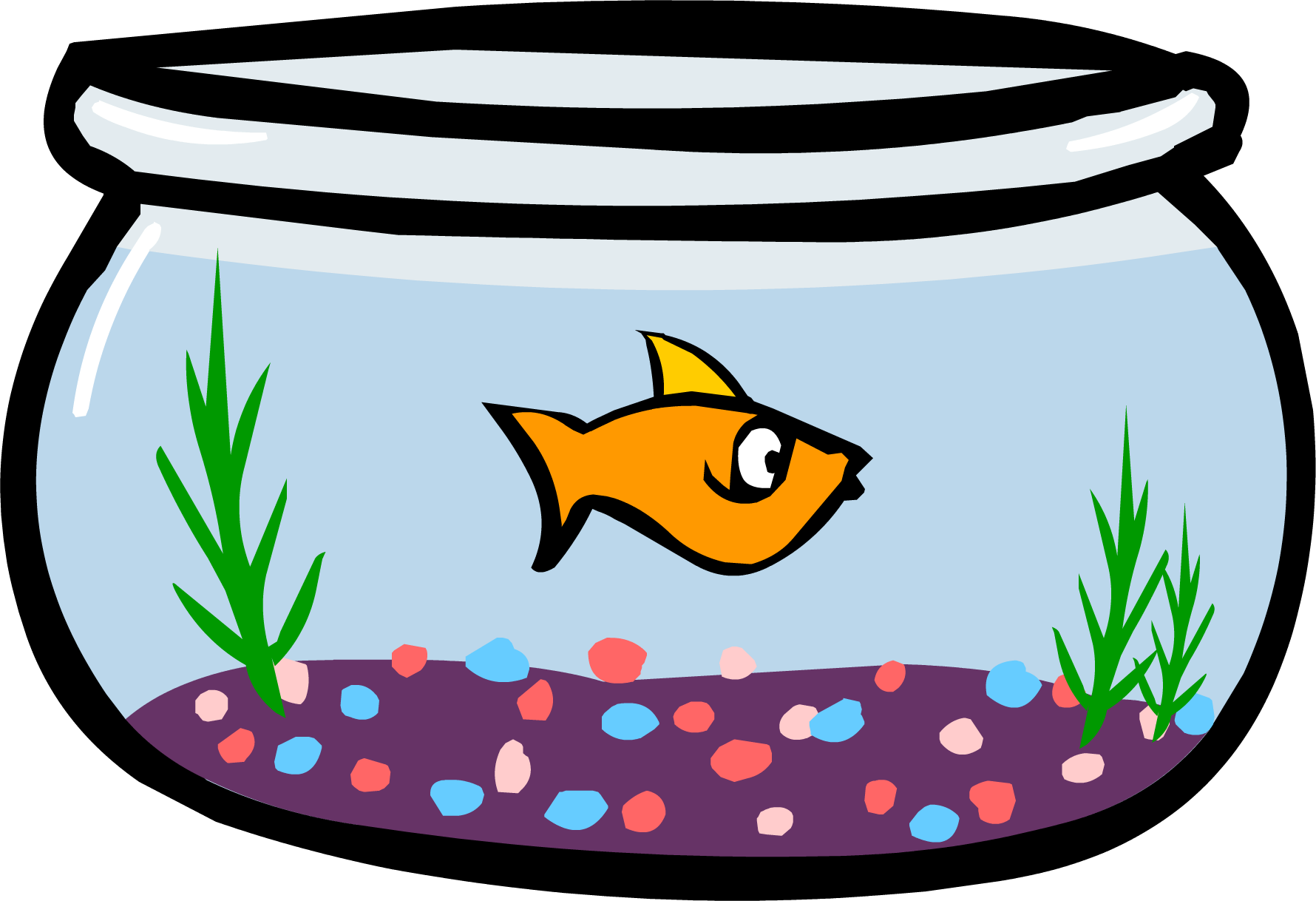 金魚 桌布 壁紙 — 一條卡通橙色魚在一個圓形玻璃碗中游動，碗內有綠色植物和彩色卵石。