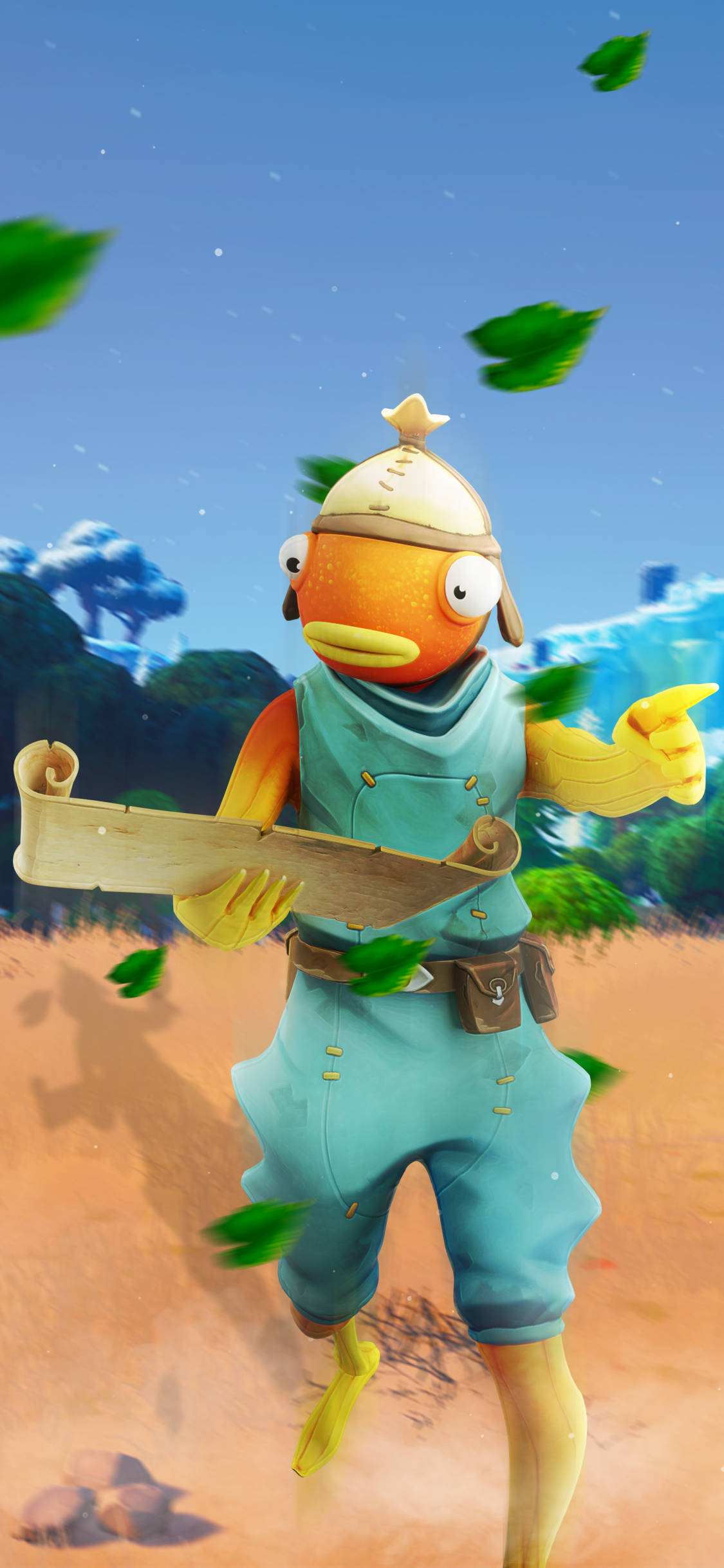 Fishstick 桌布 壁紙 — 一條卡通橙色魚穿著藍色連身衣和頭盔，手持卷軸，綠色葉子在陽光燦爛的戶外場景中旋轉。