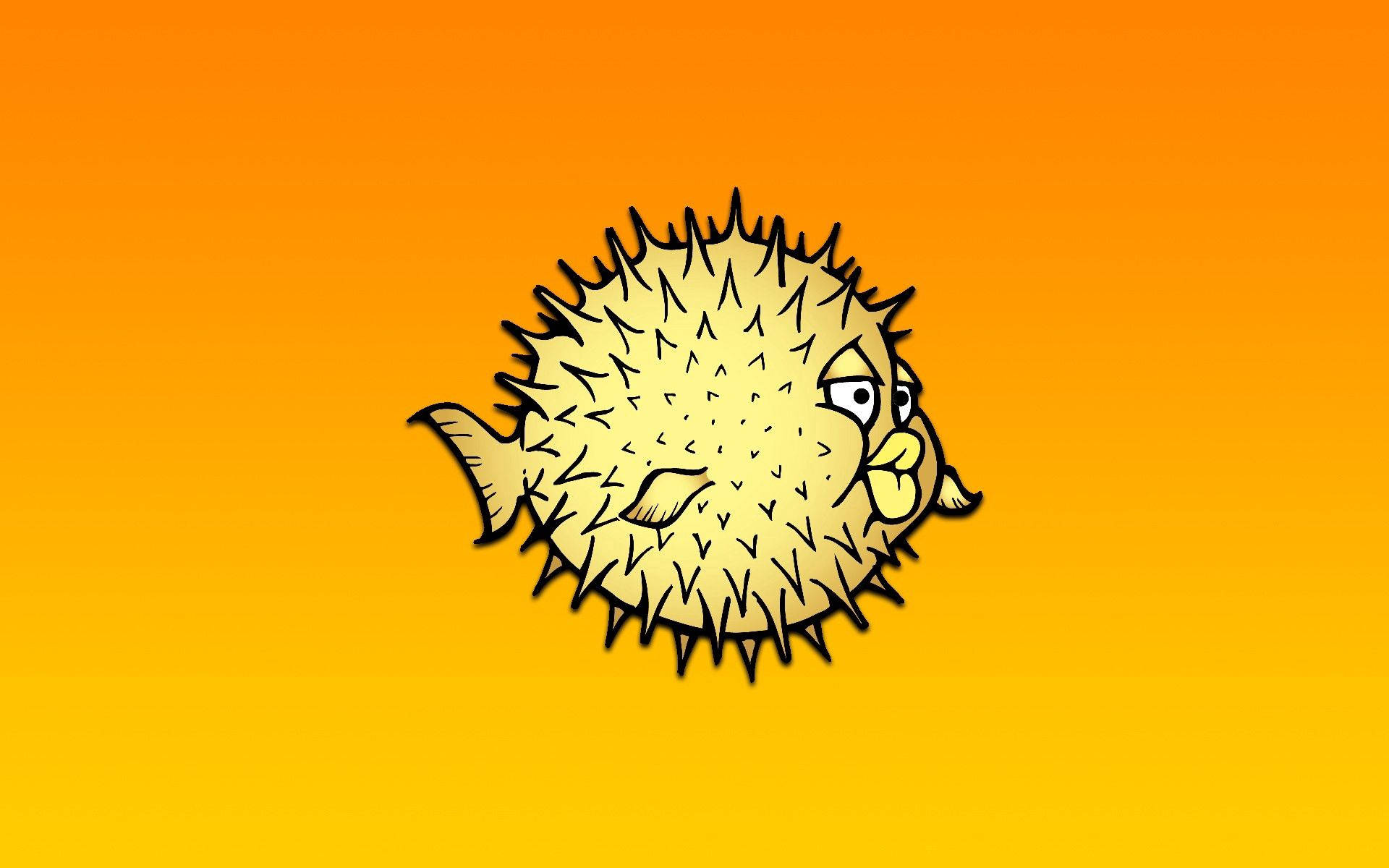 魚 桌布 壁紙 — 一條卡通河豚，有刺狀黃色身體和大眼睛，漂浮在漸變橙黃色背景上。