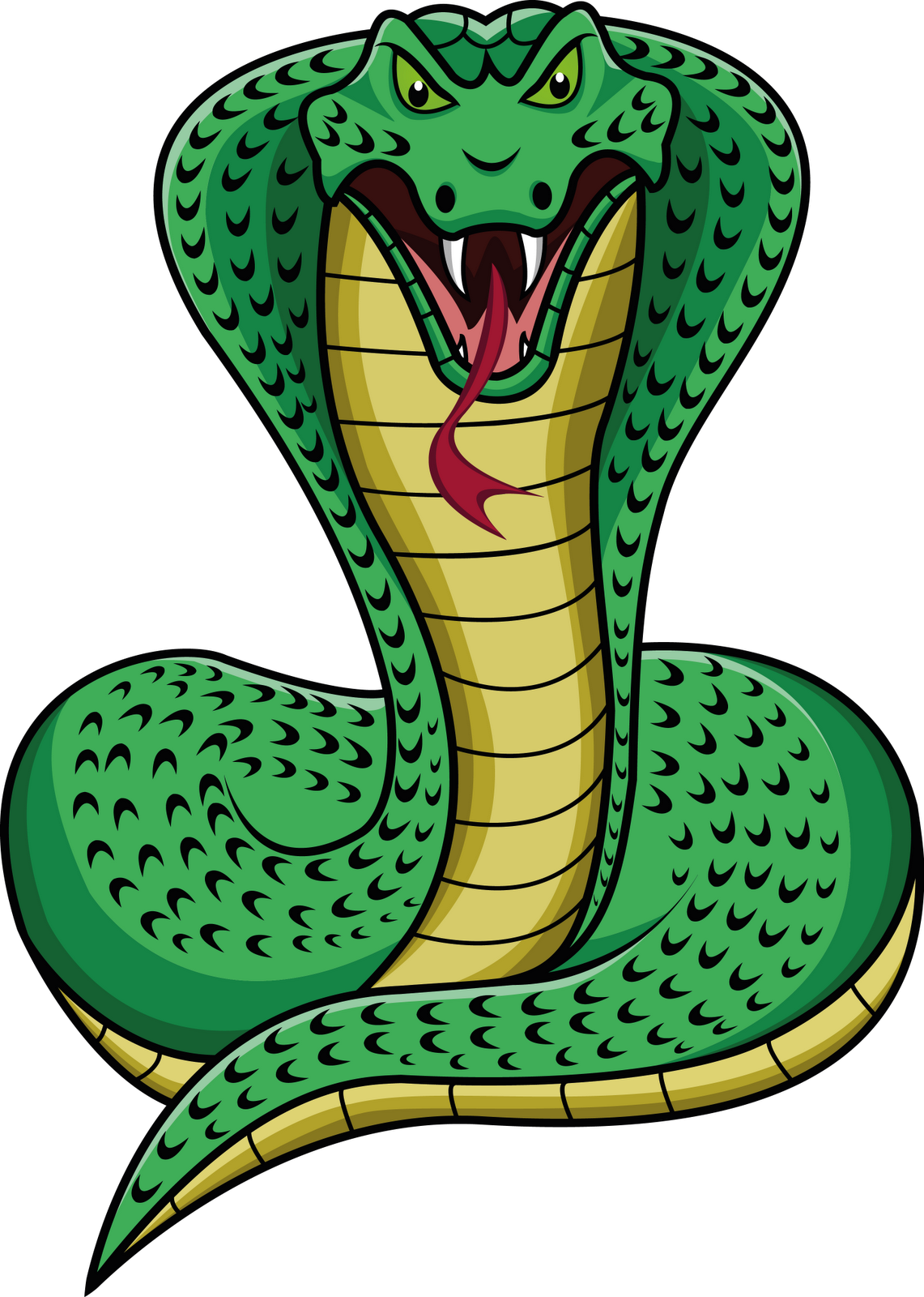 Cobra 桌布 壁紙 — 一條卡通眼鏡蛇，綠色鱗片，黃色腹部，張開嘴巴，伸出紅色舌頭，在黑色背景上攻擊。