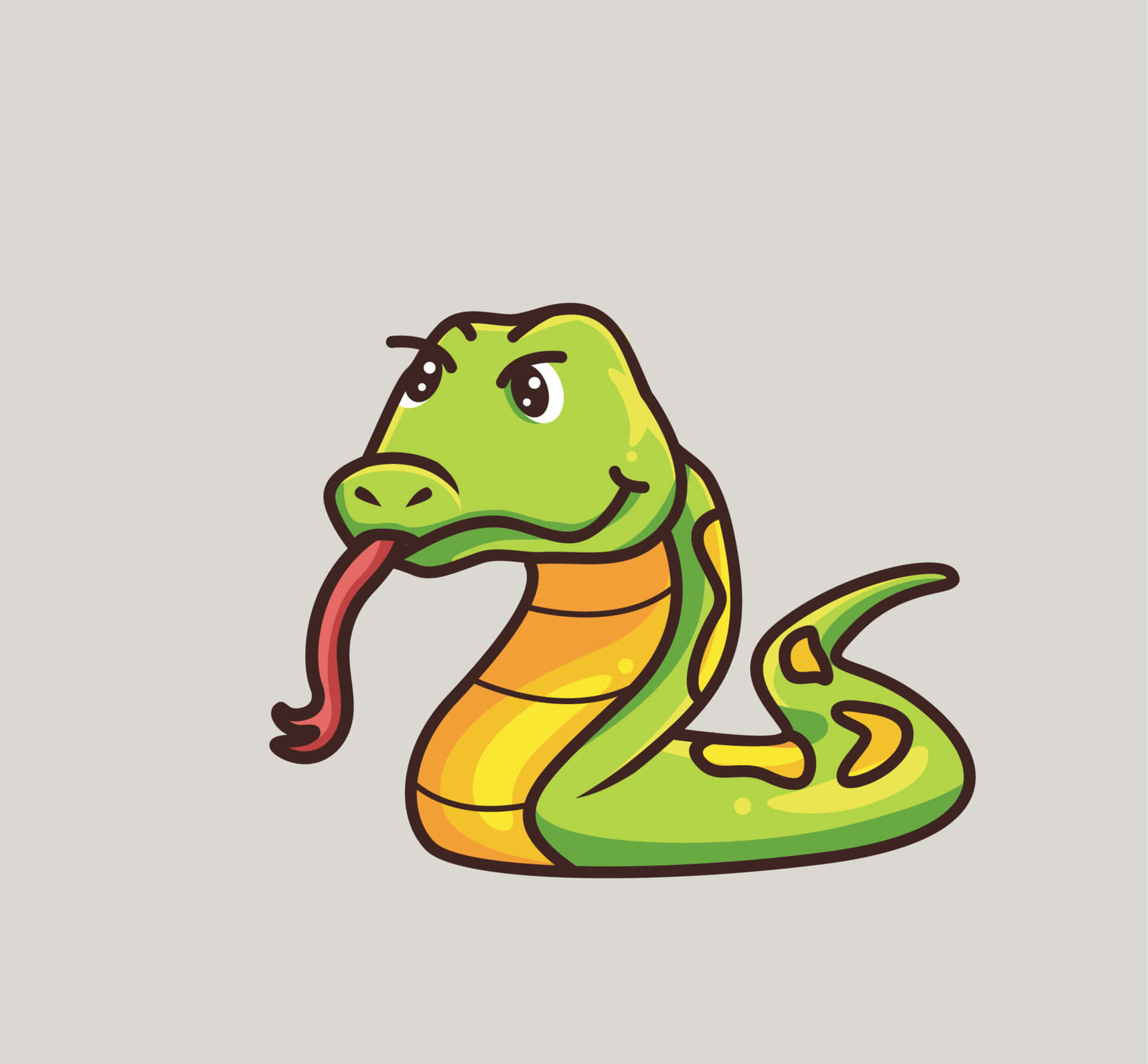 snakes 桌布 壁紙 — 一條卡通綠色蛇，腹部黃色，舌頭紅色，在純灰色背景上頑皮地微笑。