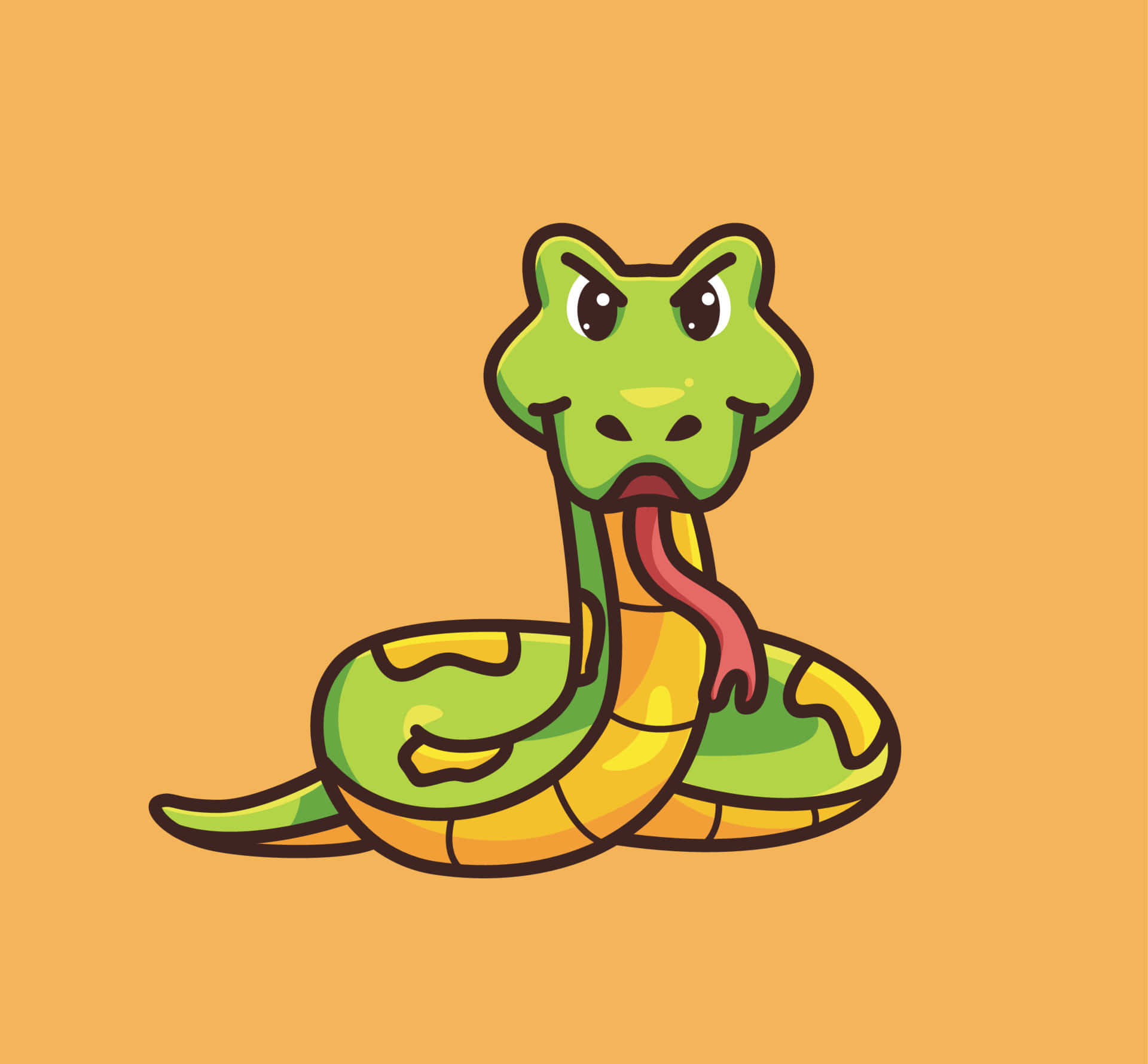 snakes 桌布 壁紙 — 一條卡通綠色蛇，黃色腹部，紅色舌頭，蜷縮在純橙色背景上。
