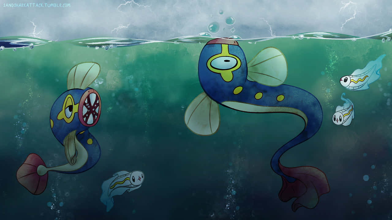 Pokemon Aesthetic 桌布 壁紙 — 一條卡通藍色魚，帶有螺旋槳和護目鏡，在暴風雨的天空下與小魚一起在水下游泳。