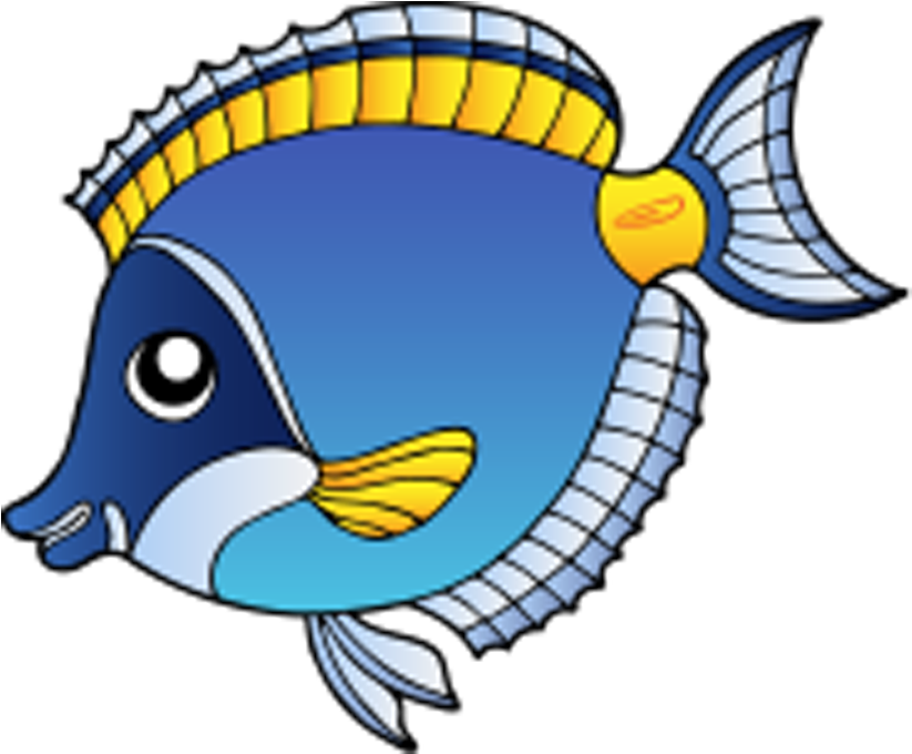 水下動畫 桌布 壁紙 — 一條卡通藍色魚，有黃色鰭和條紋邊緣，在黑色背景上游泳。