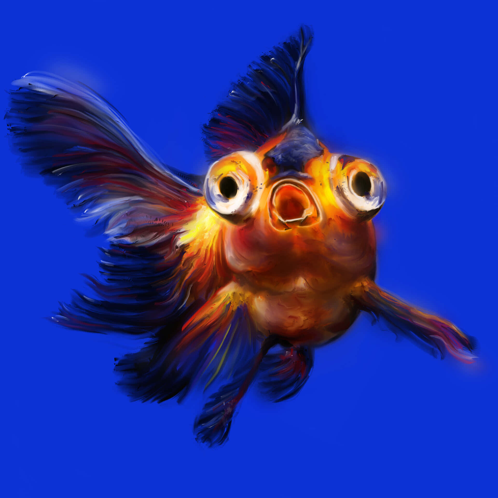 動物 桌布 壁紙 — 一條卡通金魚，眼睛大大，魚鰭飄逸，在純藍色背景中游動。
