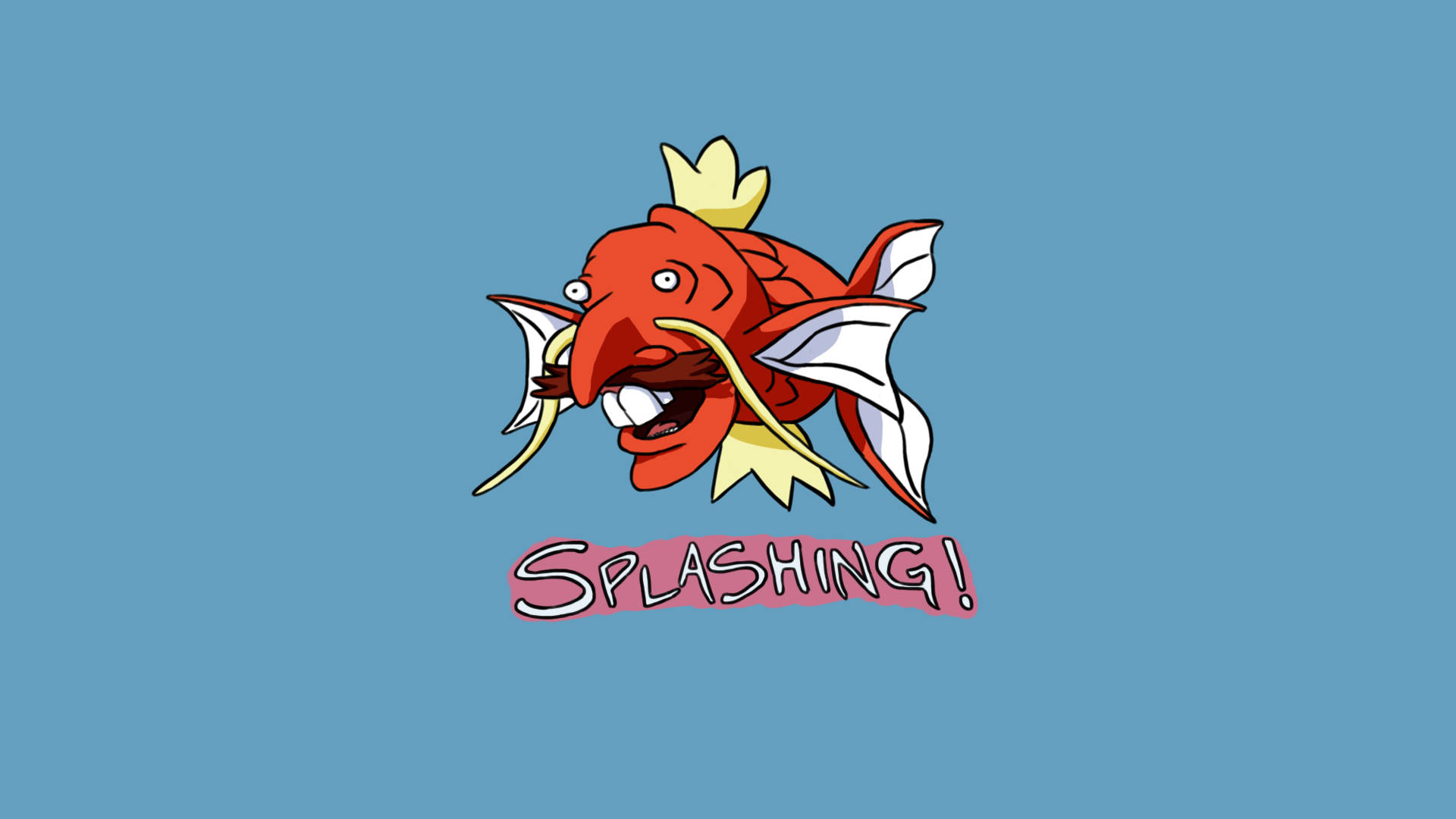 Magikarp 桌布 壁紙 — 一條卡通錦鯉戴著皇冠，咧嘴大笑，在純藍色背景上歡快地潑水。