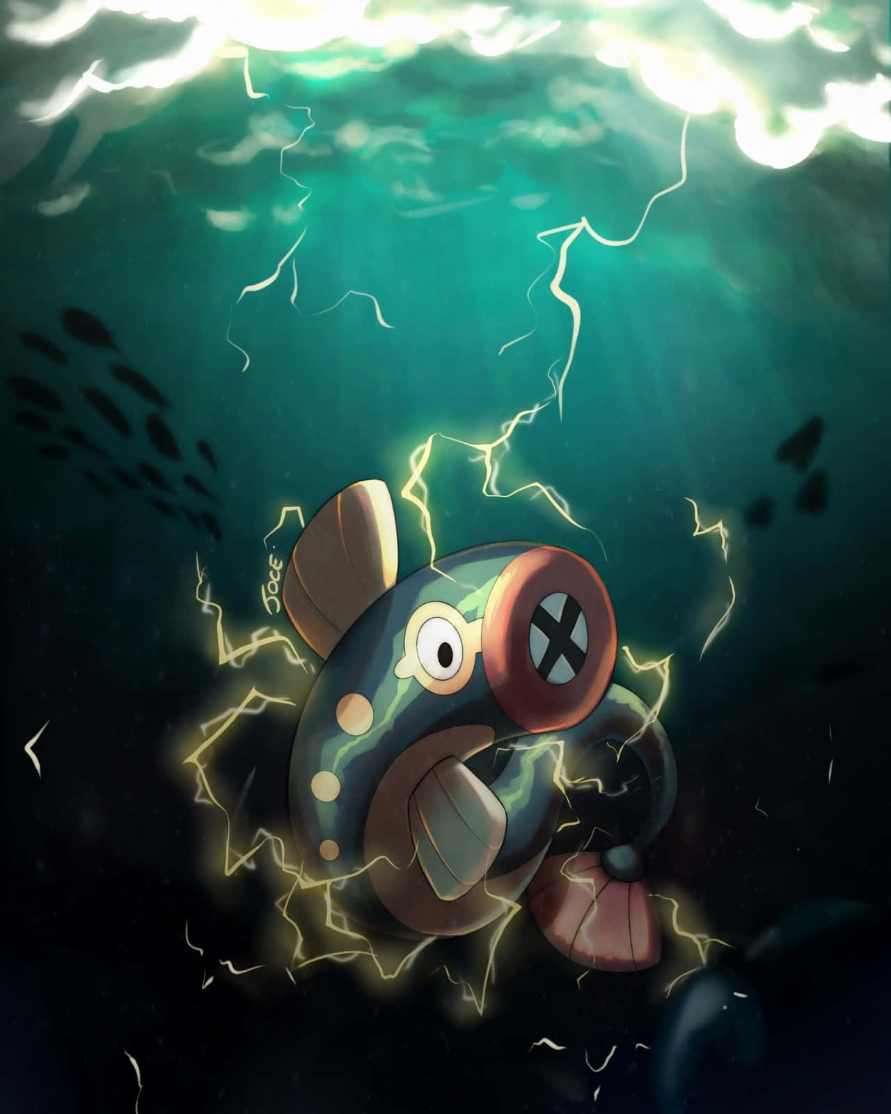 寶可夢 桌布 壁紙 — 一條卡通電魚在深藍綠色和黑暗背景下，於水中釋放出噼啪作響的閃電。