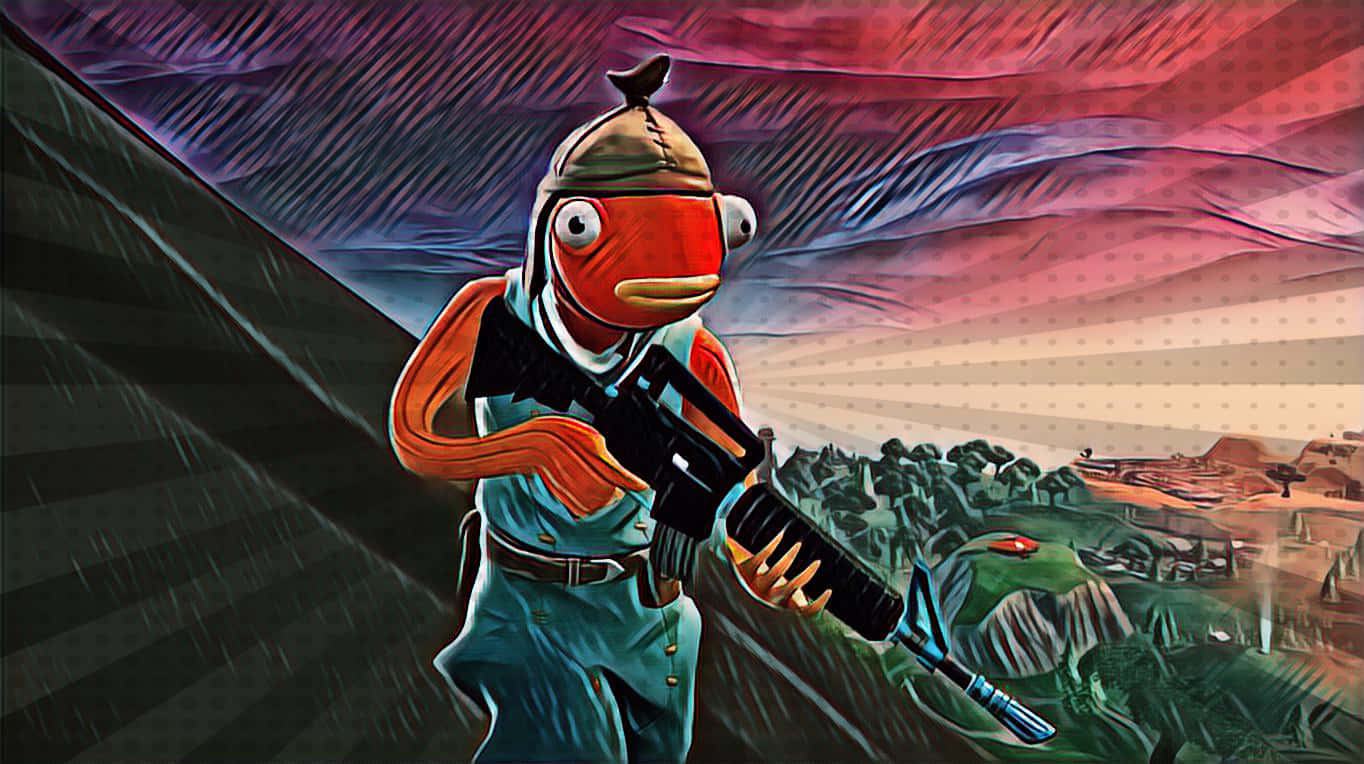 games 桌布 壁紙 — 一條卡通風格、穿著軍服的橙色魚，在崎嶇地貌上戲劇性的紫紅色天空下，手持步槍。